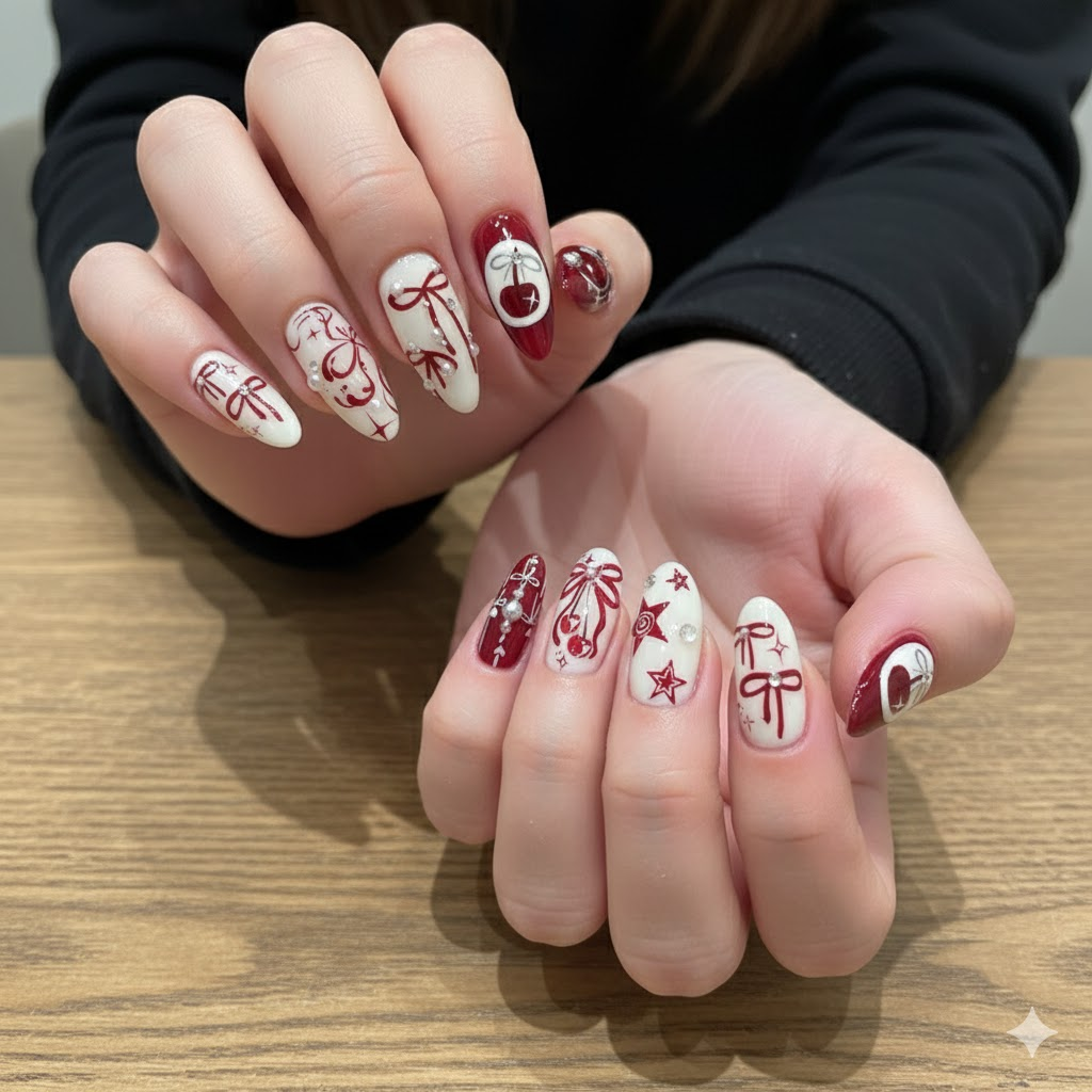 Custom Red & White Cherry Bow Press-On Nails – 3D Holiday Nail Art | Wynzy Pops Nails™