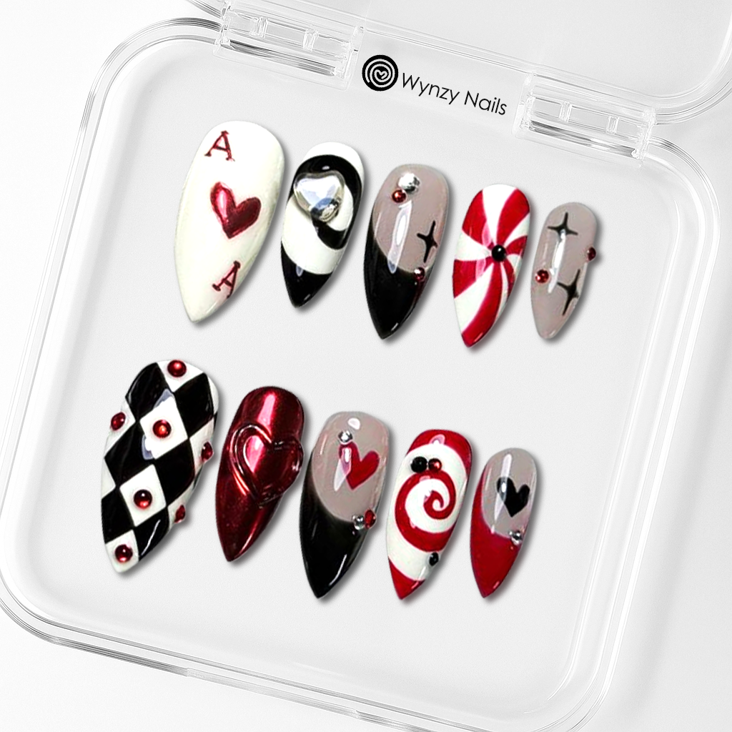 Custom Queen of Hearts Press-On Nails – Red, Black & White Harlequin Design