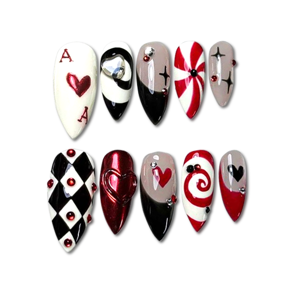 Custom Queen of Hearts Press-On Nails – Red, Black & White Harlequin Design
