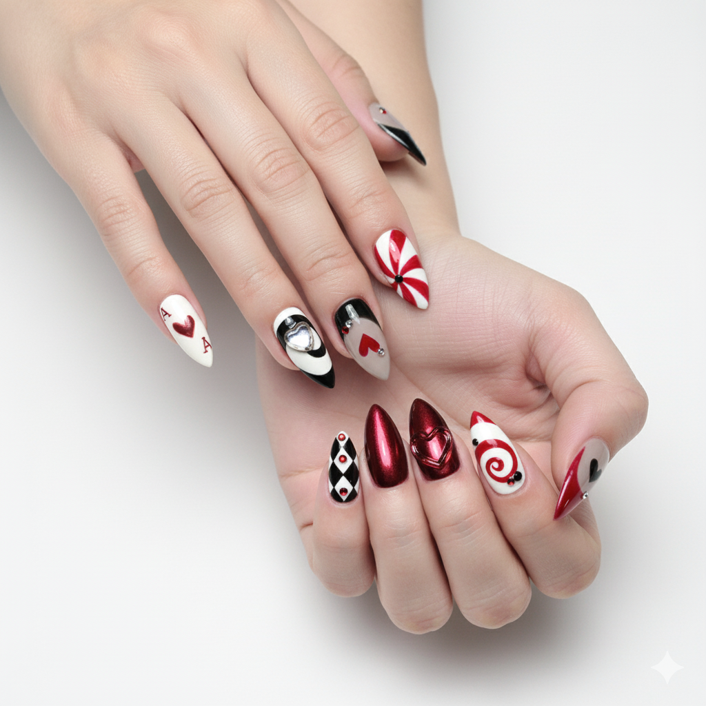 Custom Queen of Hearts Press-On Nails – Red, Black & White Harlequin Design