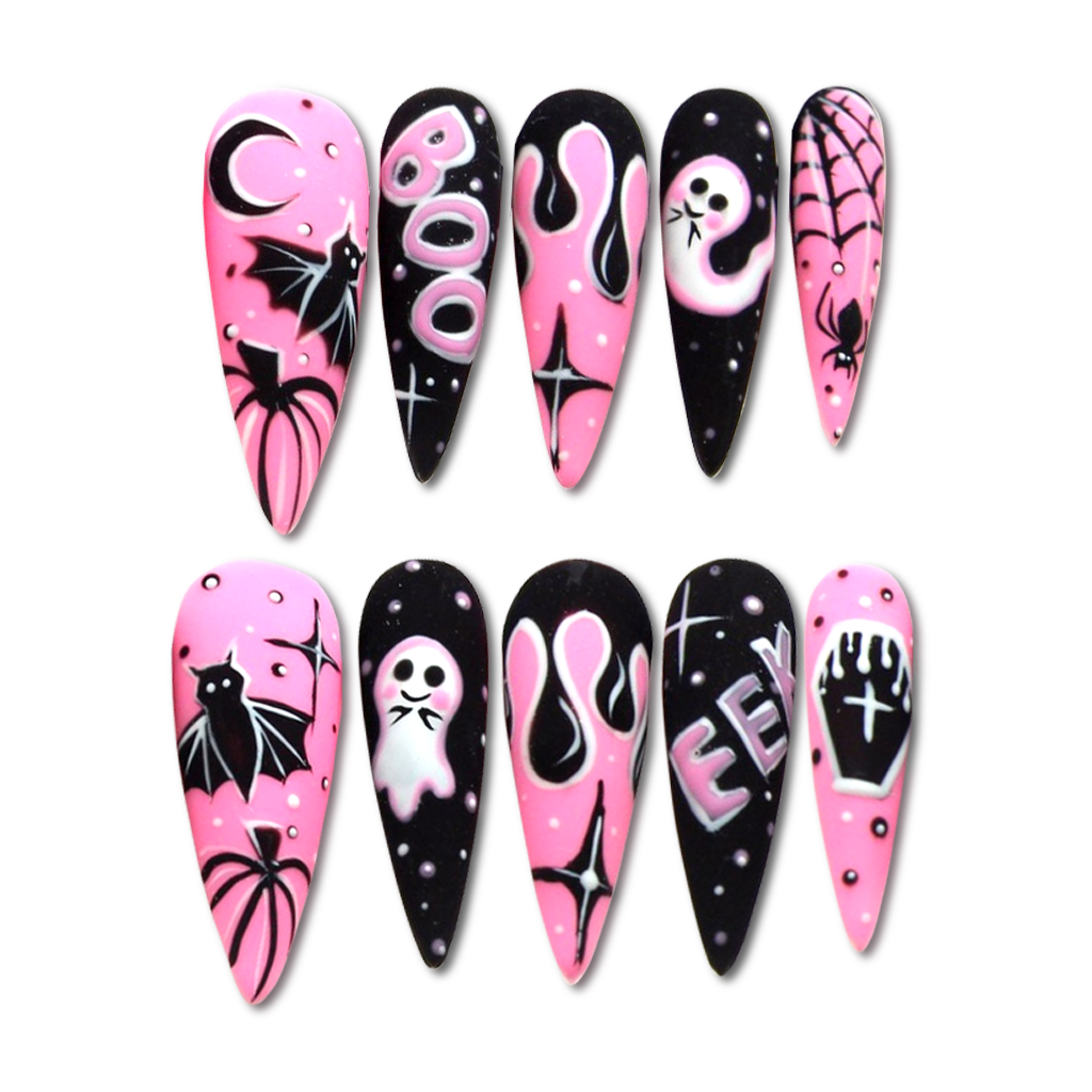 Custom Pink Halloween Press-On Nails – Cute Ghost, Bat & “BOO” Nail Art | Wynzy Pops Nails™