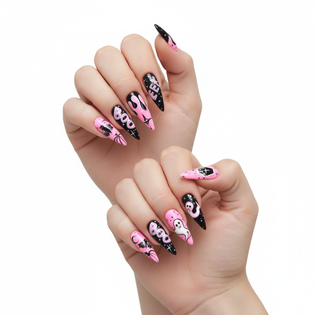 Custom Pink Halloween Press-On Nails – Cute Ghost, Bat & “BOO” Nail Art | Wynzy Pops Nails™