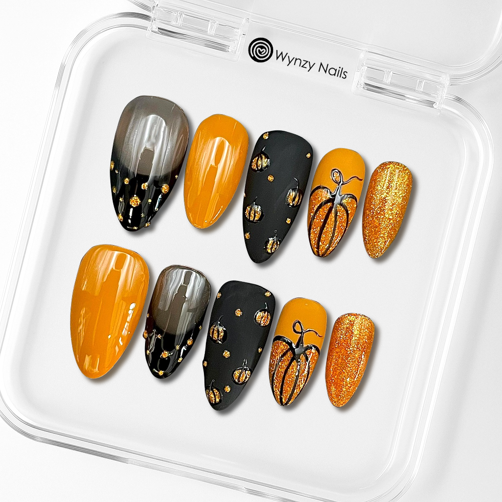 Custom Halloween Pumpkin Press-On Nails – Black & Burnt Orange Glitter Nail Art | Wynzy Pops™