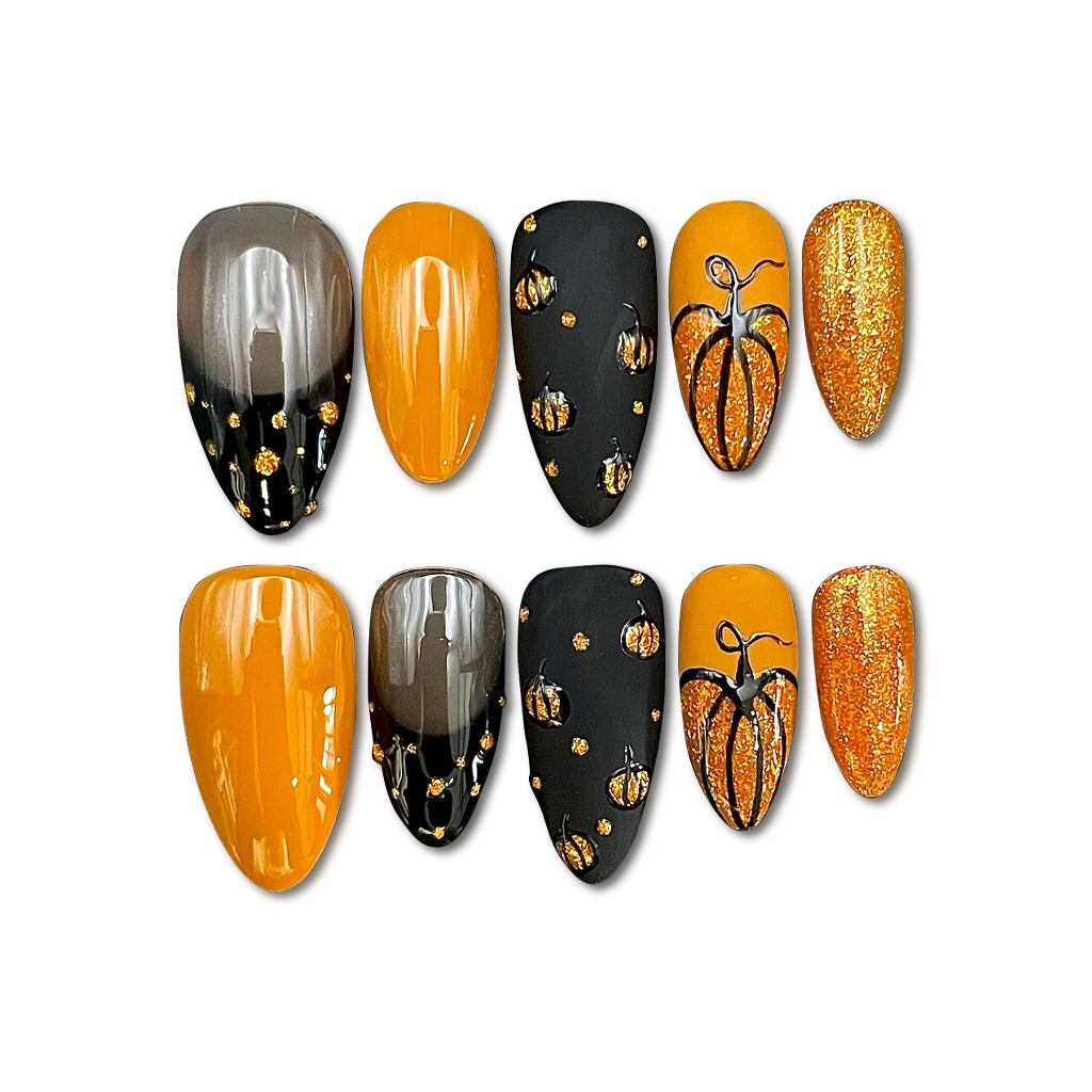 Custom Halloween Pumpkin Press-On Nails – Black & Burnt Orange Glitter Nail Art | Wynzy Pops™