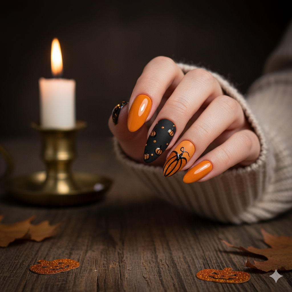 Custom Halloween Pumpkin Press-On Nails – Black & Burnt Orange Glitter Nail Art | Wynzy Pops™