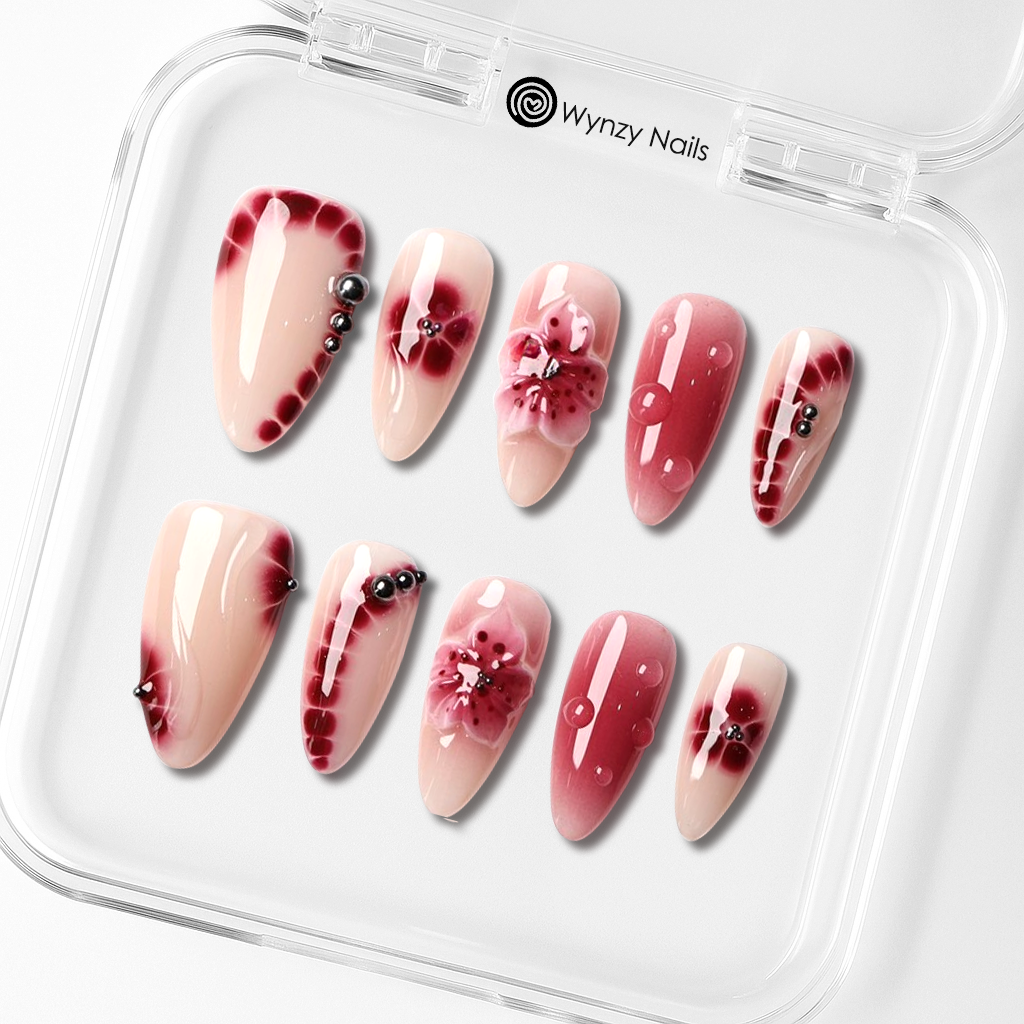 Custom Burgundy Flower Press-On Nails – Long Almond 3D Floral Nail Art | Wynzy Pops Nails™