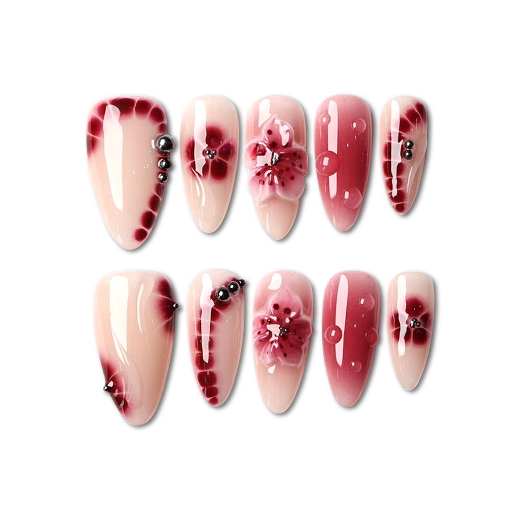 Custom Burgundy Flower Press-On Nails – Long Almond 3D Floral Nail Art | Wynzy Pops Nails™
