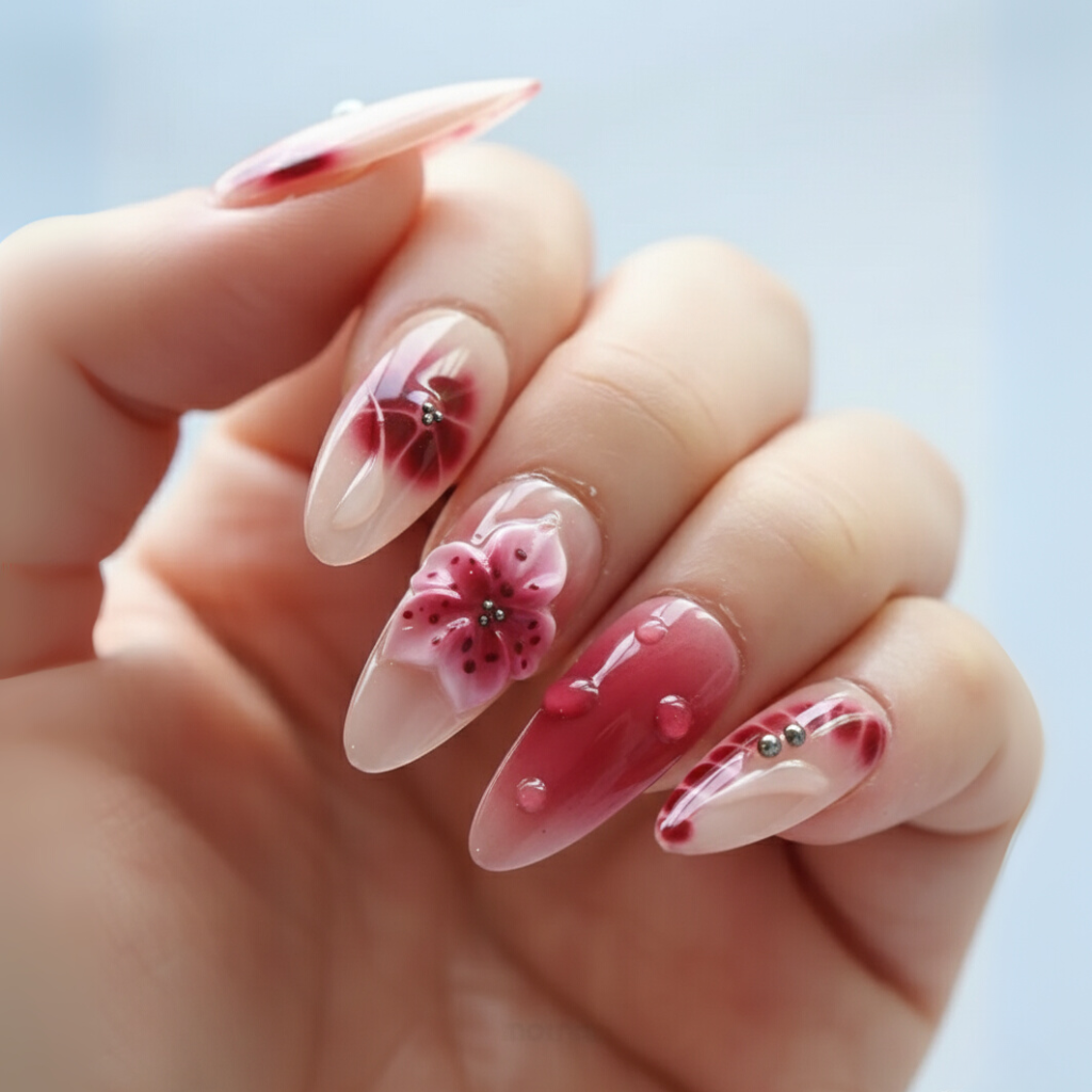 Custom Burgundy Flower Press-On Nails – Long Almond 3D Floral Nail Art | Wynzy Pops Nails™