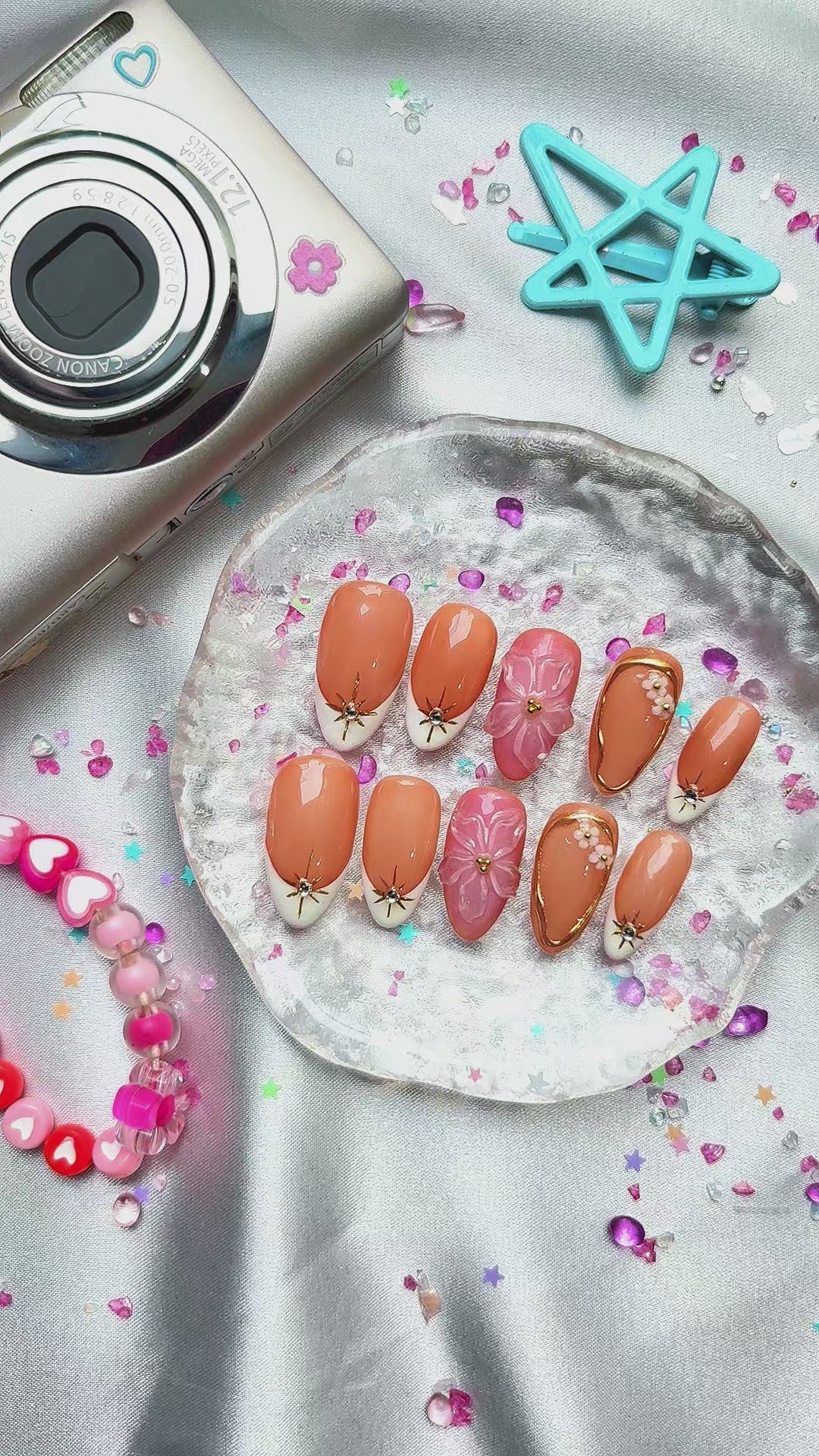 Custom Floral Press On Nails | Nude & Pink Nails with 3D Flower | French Tips & Star Accents | Gold Frame Details | Elegant Long Almond Set