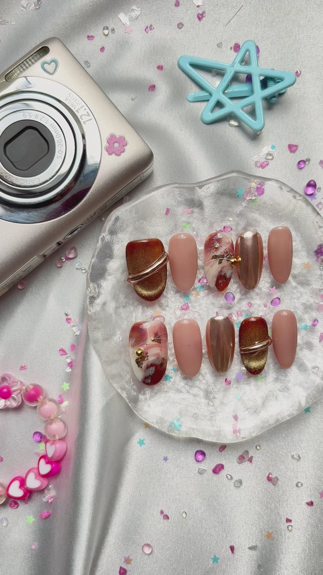 Personalized Autumn Gold Press On Nails: Brown Marble Almond Nail Art | Wynzy Pops Nails