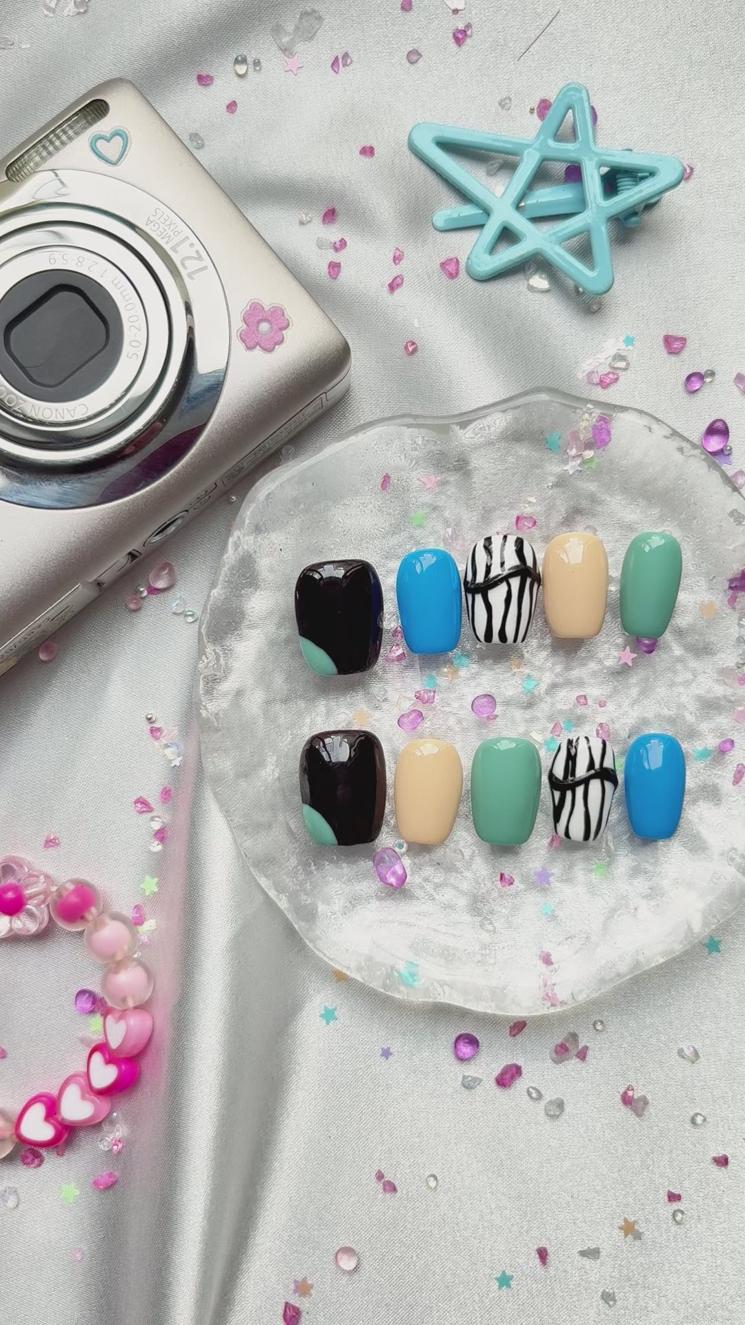 Personalized Y2K Press On Nails | Black, Blue & Green Bold Nail Art | Handmade Custom Trendy Nails
