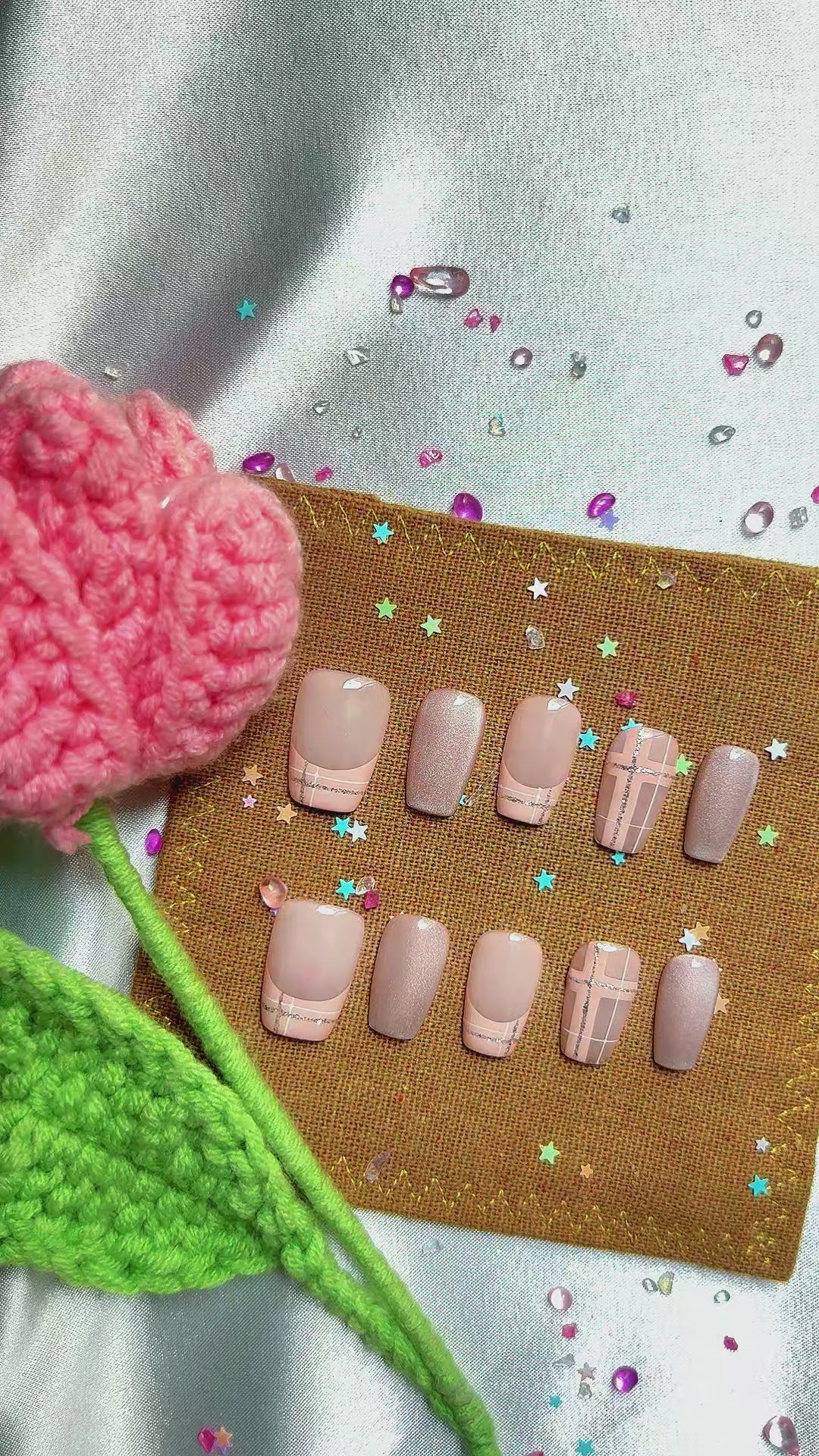 Custom Press-On Nails – Nude & Pink Plaid Nails | Glitter & French Tips | Square Handmade Nail Set
