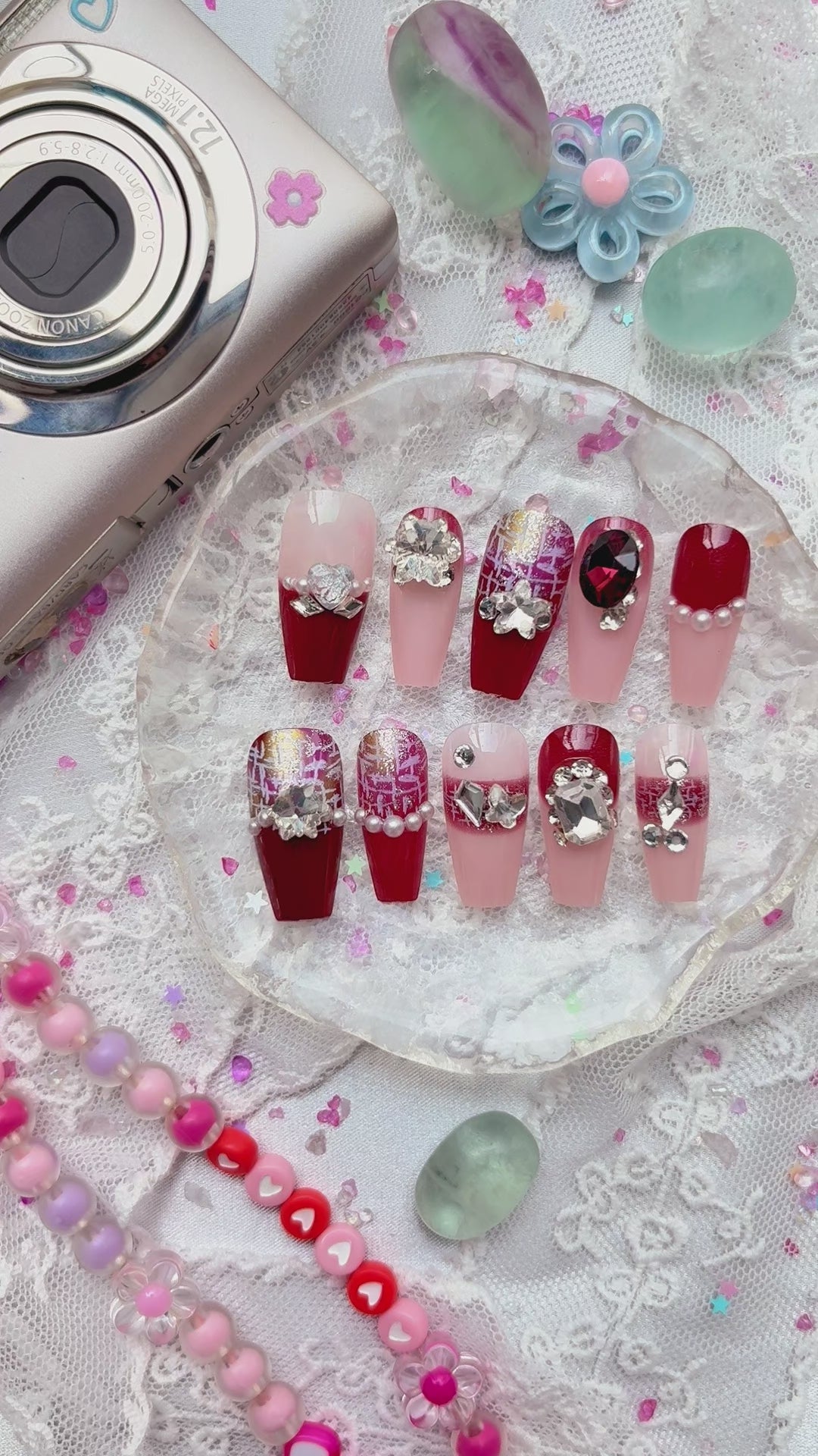 Press-On Nails – Burgundy & Nude with Luxe Glitter and Rhinestone Accents | Wynzy Pops Nails