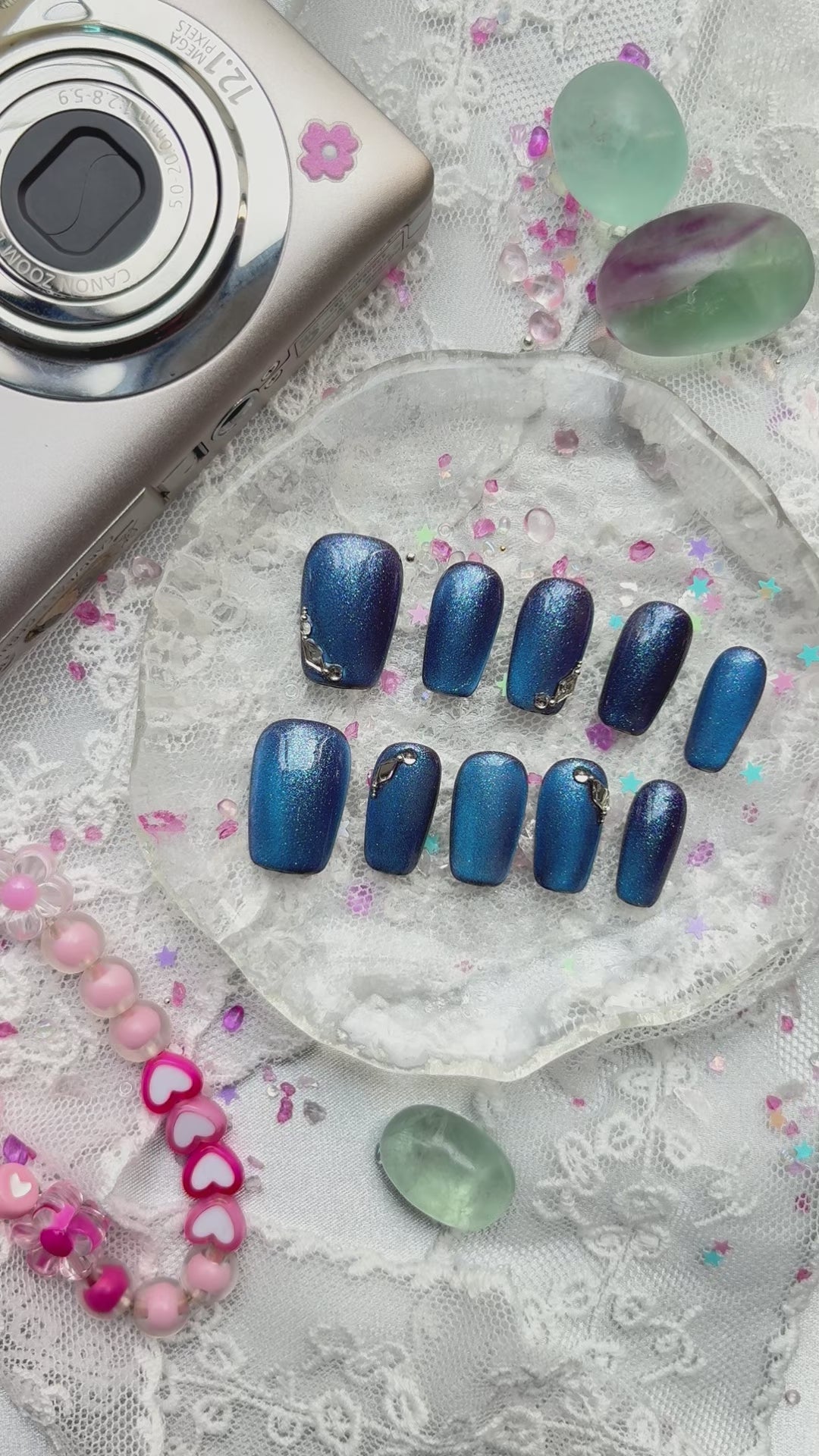 Custom Blue Holographic Press-On Nails | Glitter Shine with Rhinestone Accents | Wynzy Pops Nails