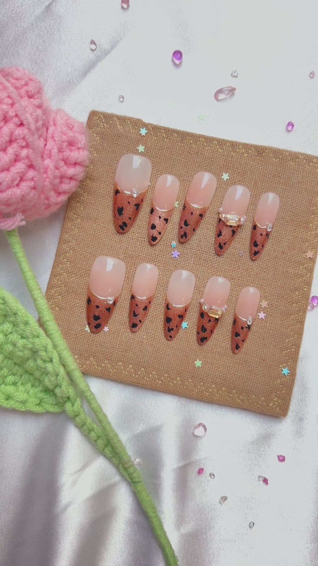 Custom Press-On Nails – Leopard Glitter French Tip with Rhinestones | Personalized Animal Print Nail Art | Wynzy Pops Nails