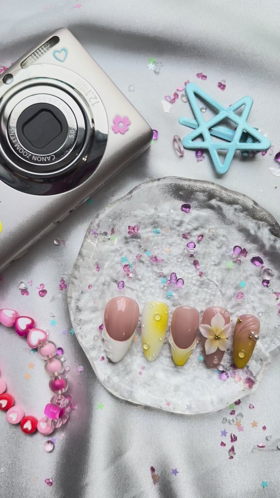 Personalized 3D Flower Floral Press On Nails | Tropical Yellow Ombre | Pearl & Floral Details