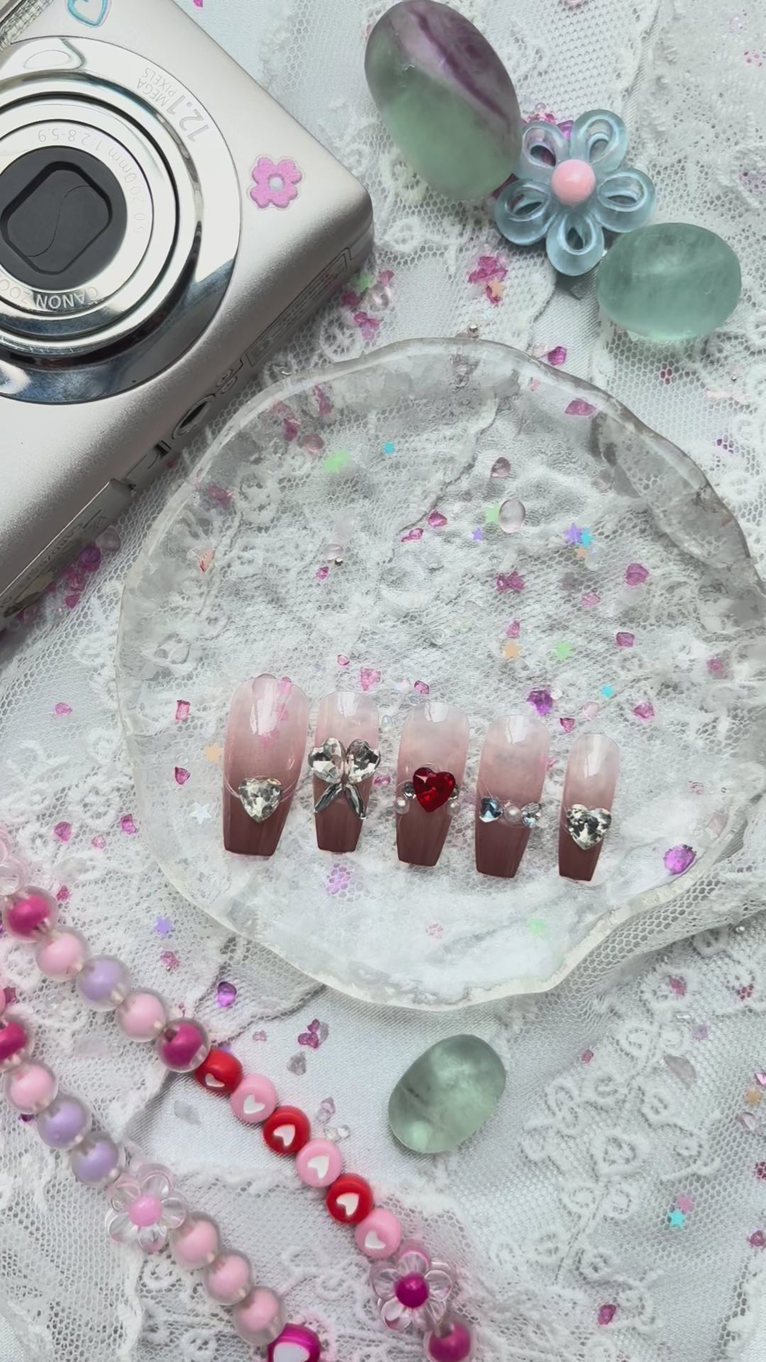 Custom Ombre Press-On Nails – Brown Jelly to Nude with Red Hearts & Pearls