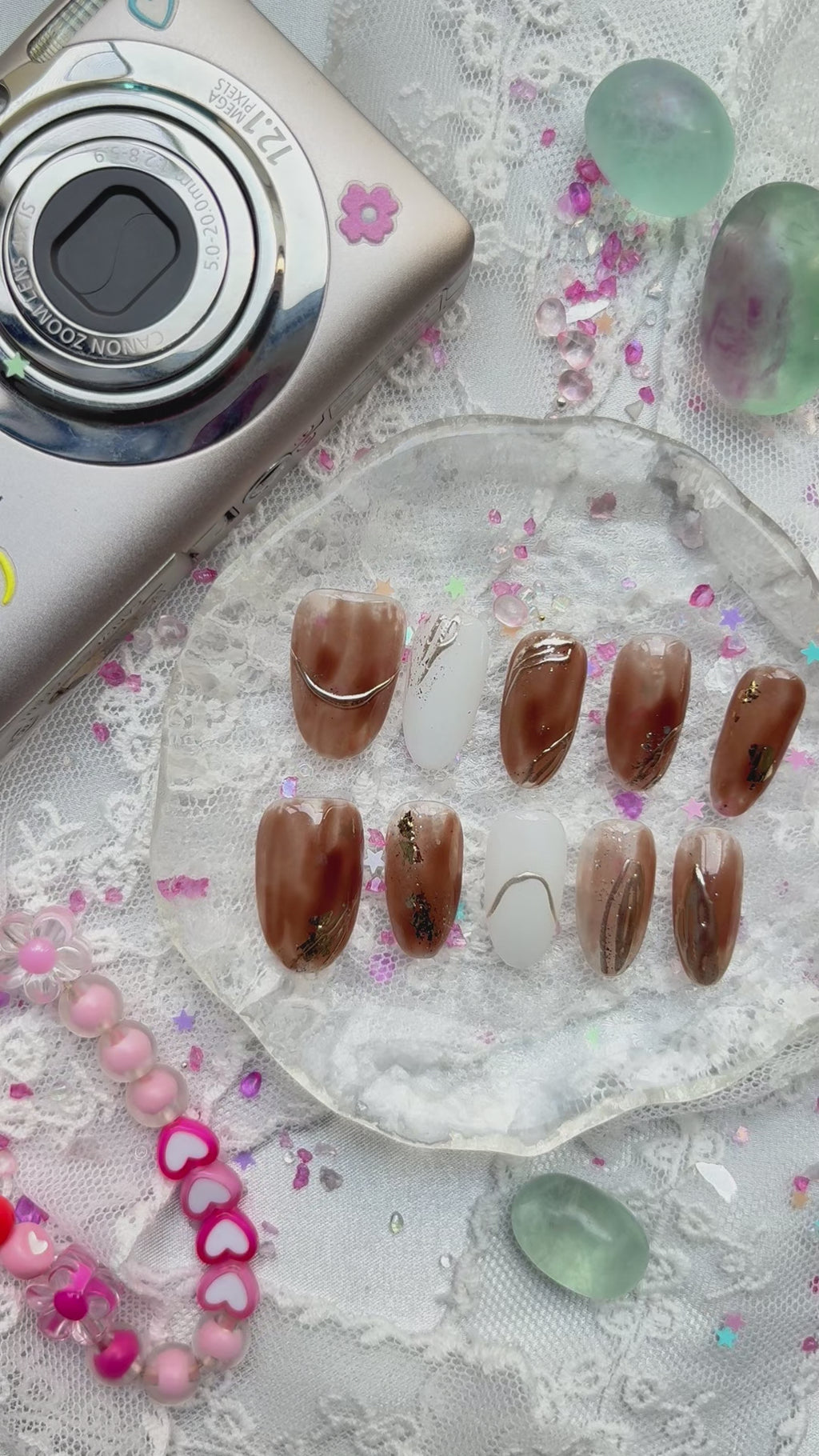 Fall Brown Gold Foil Custom Press-On Nails: Luxury Almond Nail Art Set | Wynzy Pops Nails