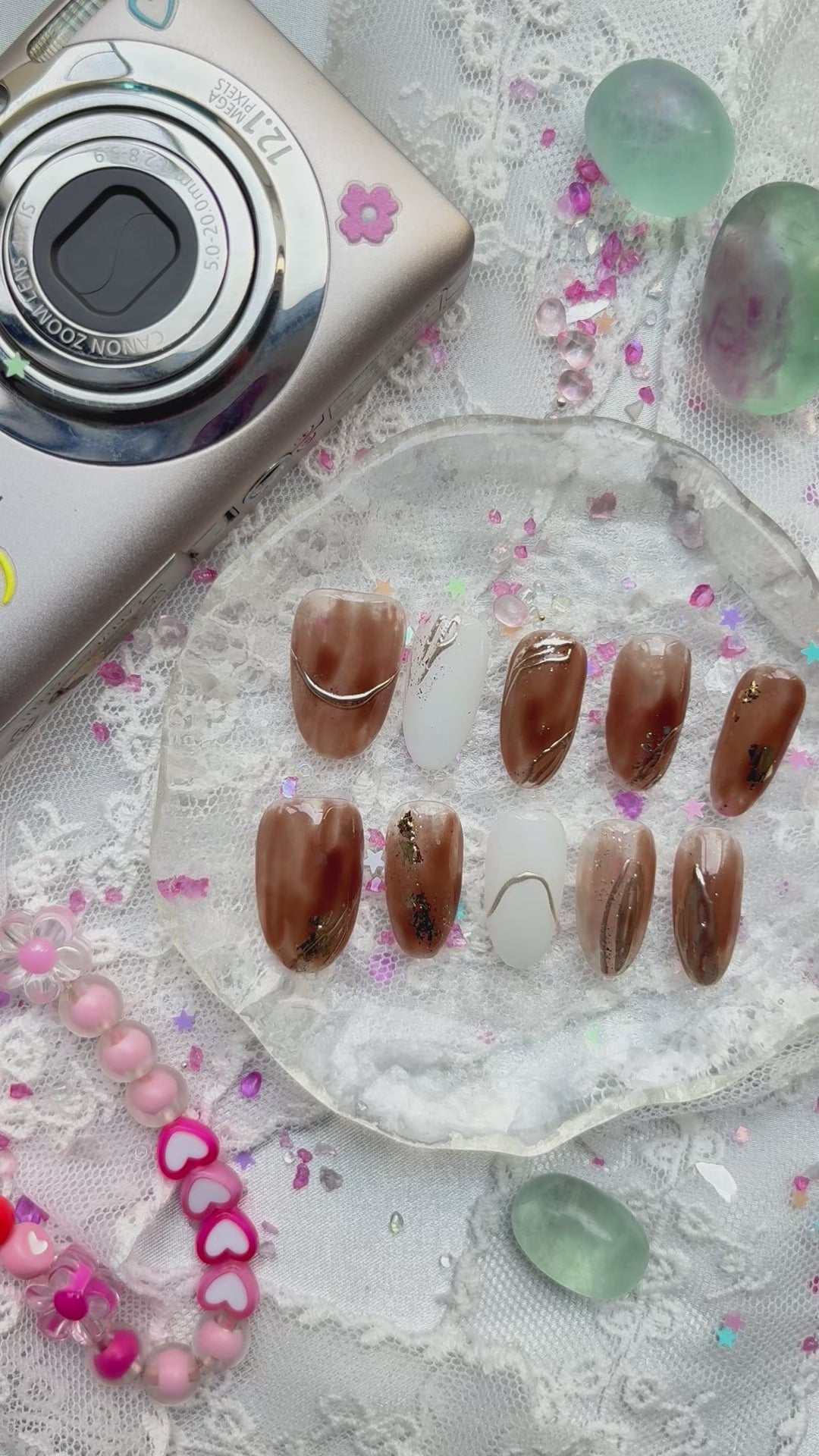 Fall Brown Gold Foil Custom Press-On Nails: Luxury Almond Nail Art Set | Wynzy Pops Nails