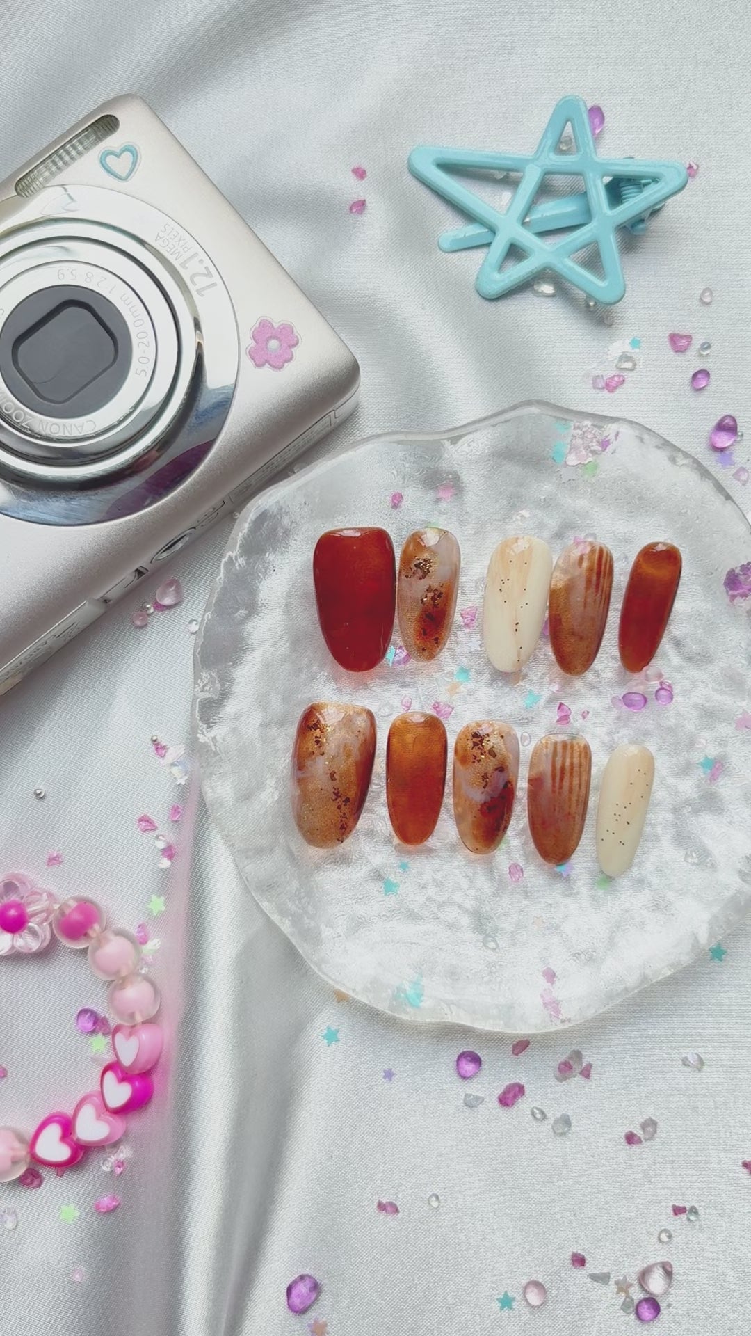 Custom Brown Ombre Press On Nails | Personalize Fall Almond Set | Gold Foil & Cream Accent Nails | Elegant Autumn-Inspired Nail Design