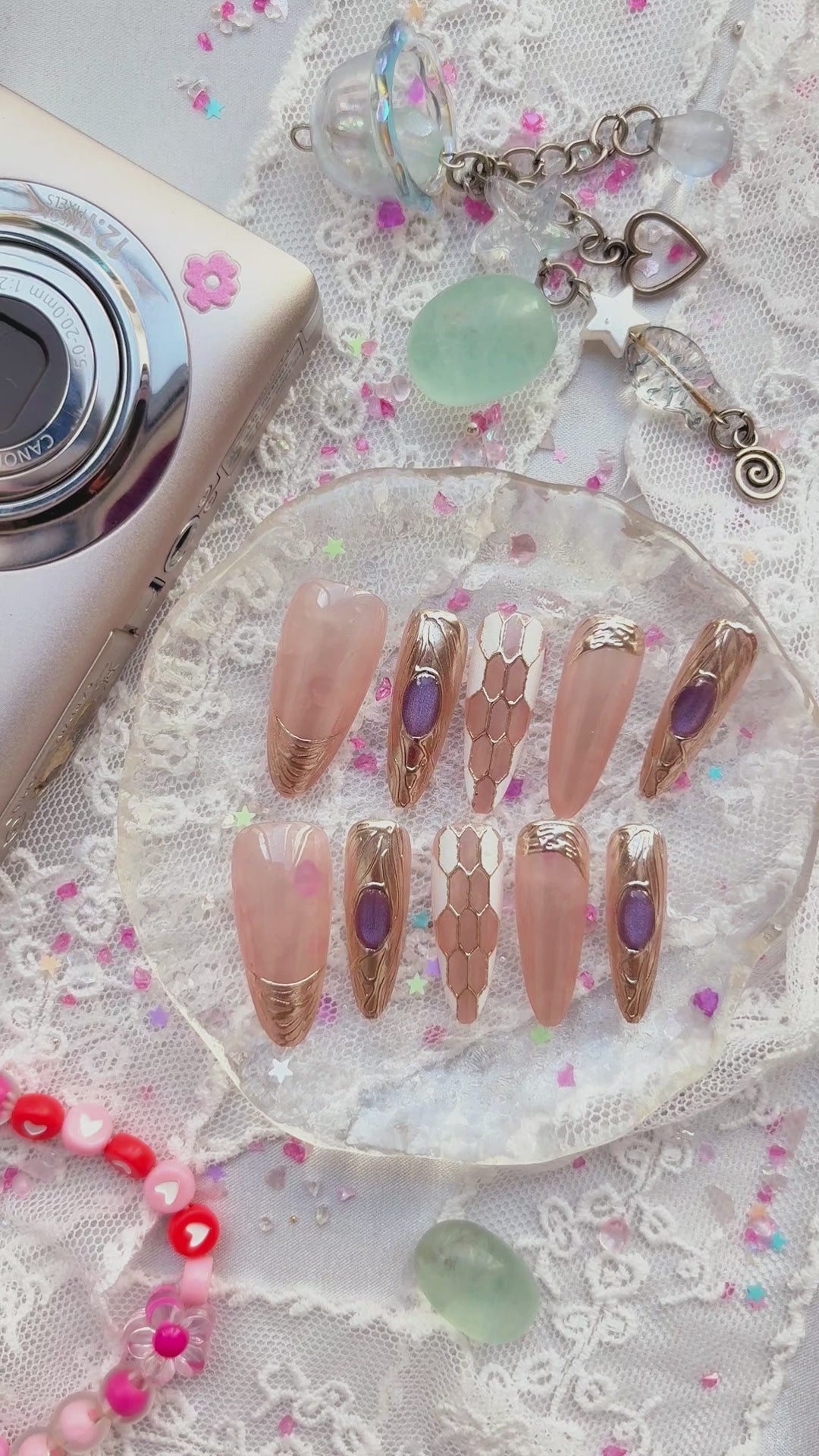Custom Press-On Nails – Long Almond Nude with Handmade Gold 3D Art & Luxury Accents | Wynzy Pops Nails