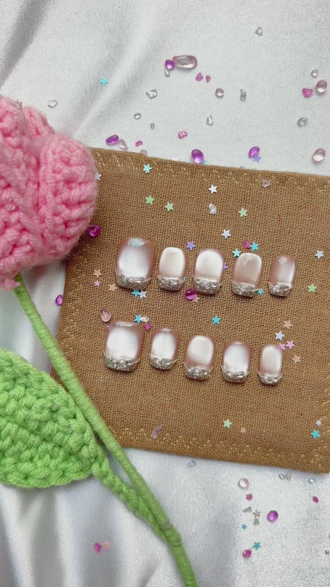 Custom Press-On Nails – Personalized French Tip with Glitter Cat Eye & Rhinestone Accents | Wynzy Pops Nails