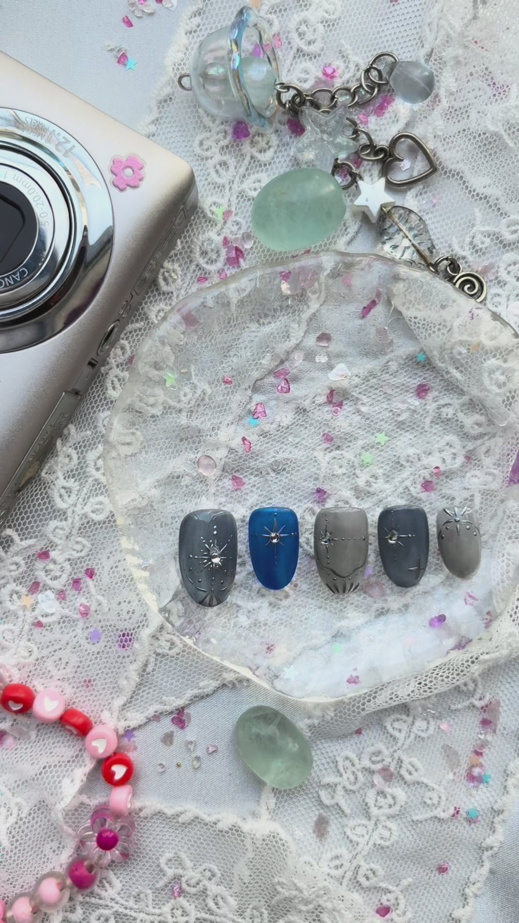 Custom Press-On Nails – Cat Eye Galaxy Blue Ombre with Moon & Star Design