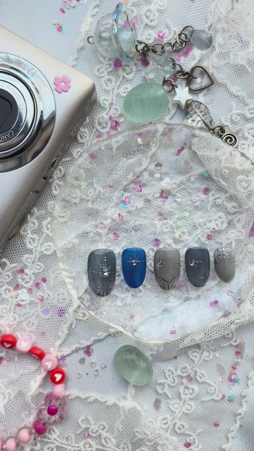 Custom Press-On Nails – Cat Eye Galaxy Blue Ombre with Moon & Star Design