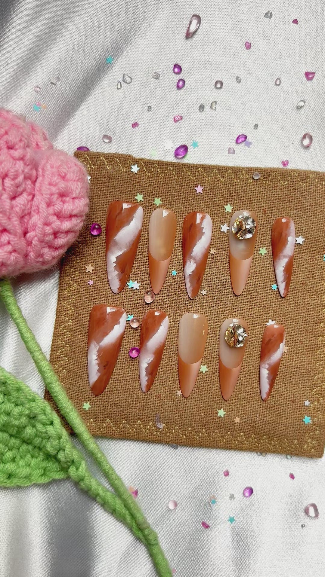 Fall Brown Rhinestone Press On Nails: Luxury Stiletto Nail Art | Wynzy Pops Nails