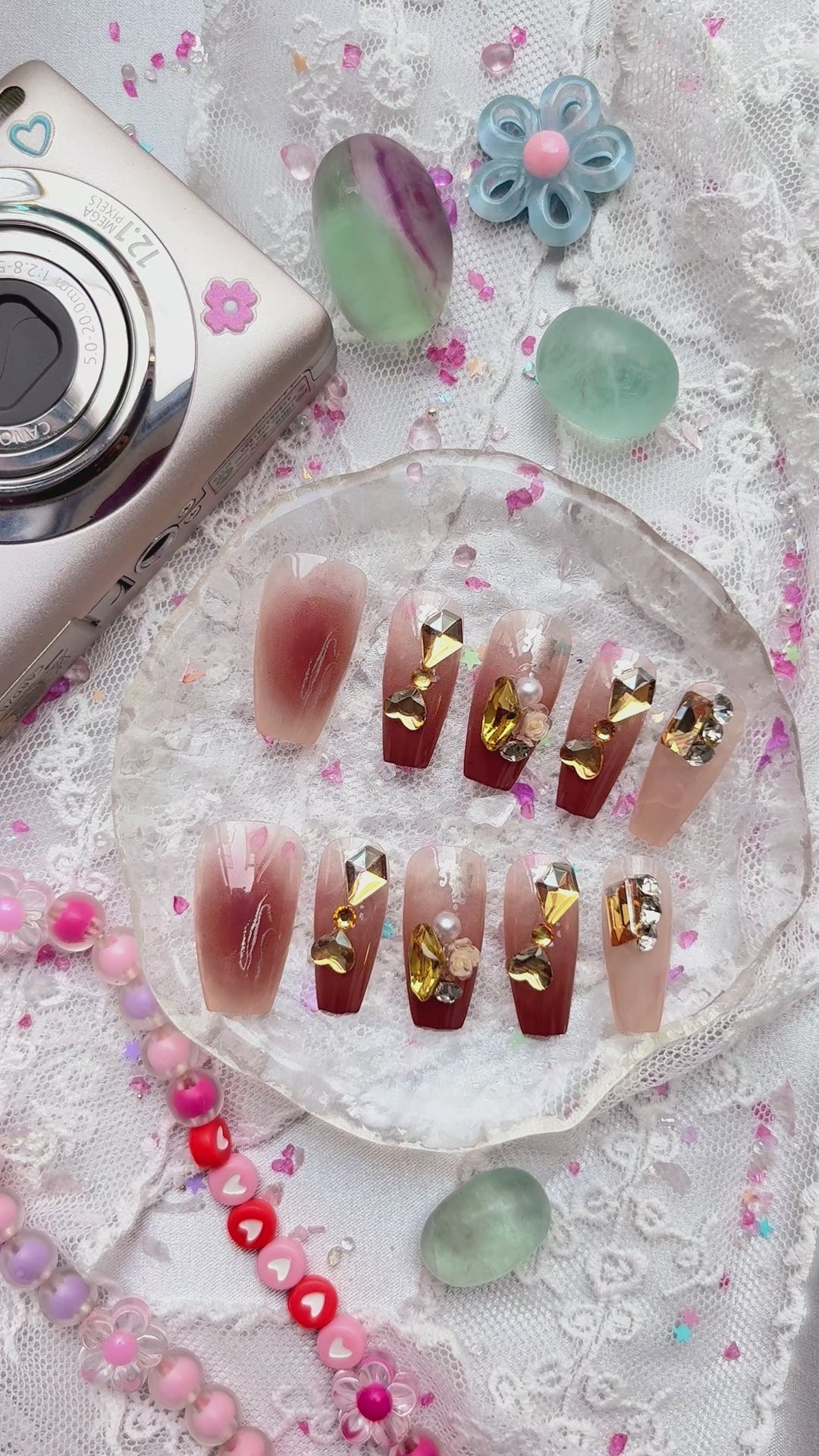 Press-On Nails – Autumn Brown Ombre with Gold Rhinestones & 3D Charms | Long Square Luxury Set | Wynzy Pops Nails