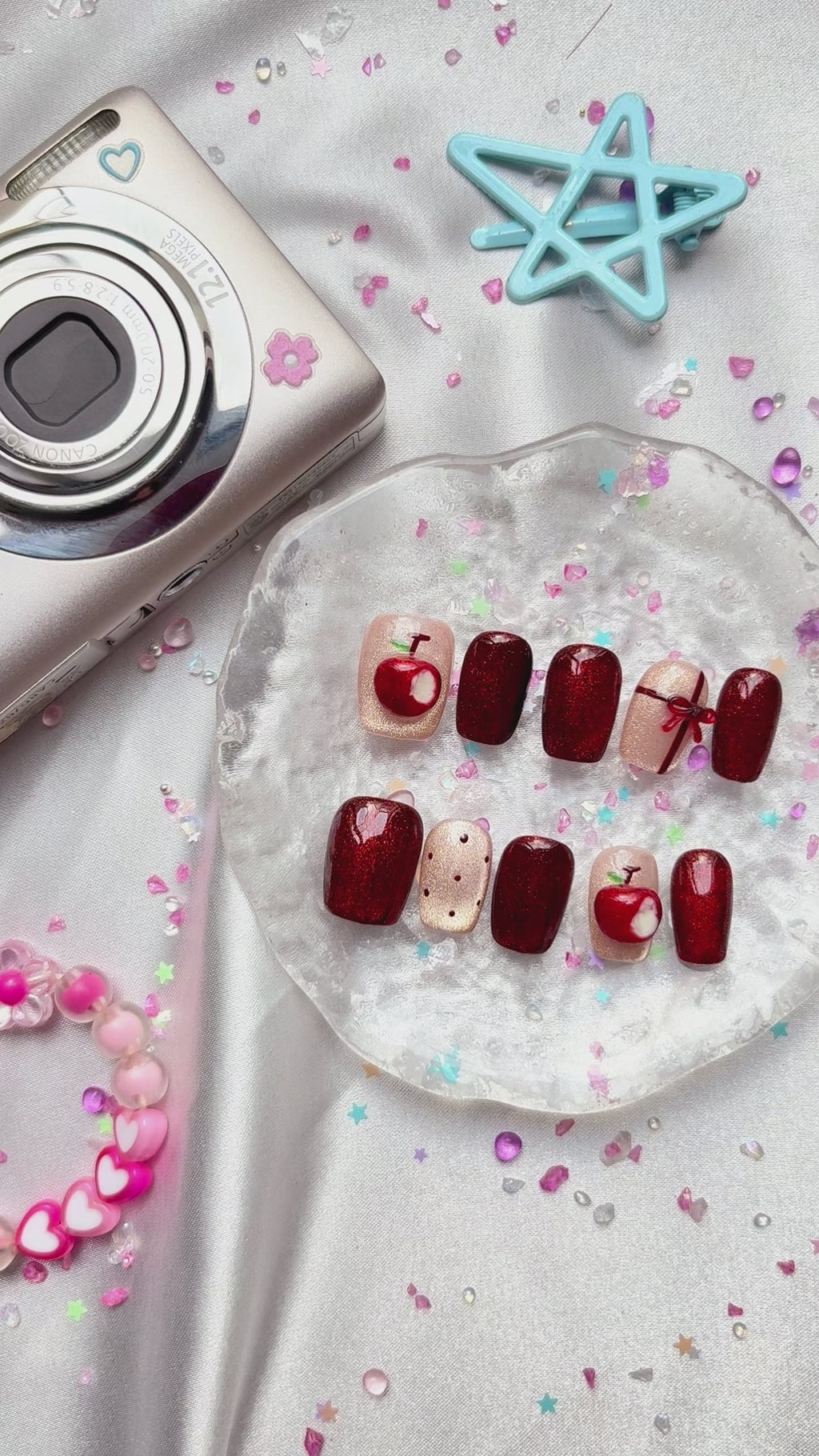 Custom Press-On Nails – Red Cat Eye with Apple & Bow Accents | Wynzy Pops Nails