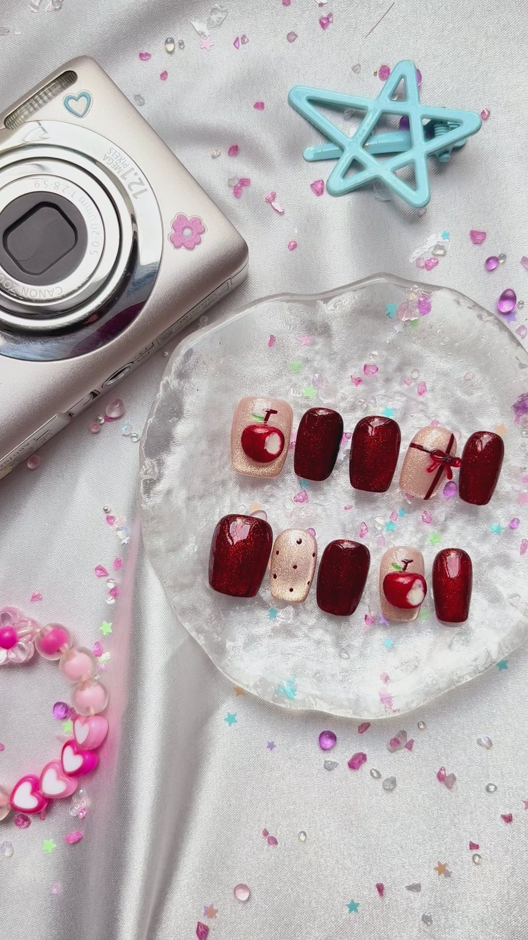 Custom Press-On Nails – Red Cat Eye with Apple & Bow Accents | Wynzy Pops Nails