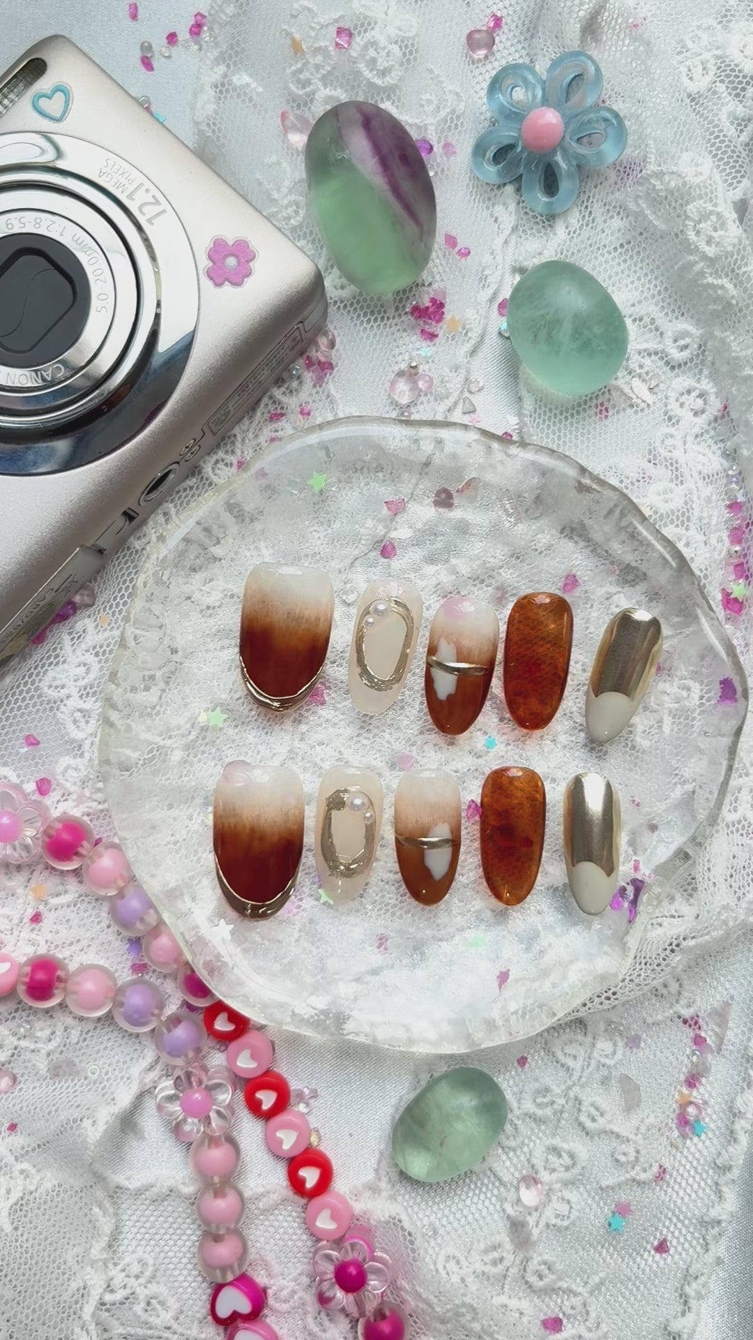 Custom Press-On Nails – Amber Brown Ombre & Pearl Chrome | Fall Metallic Accents | Oval Handmade Nail Set | Wynzy Pops Nail