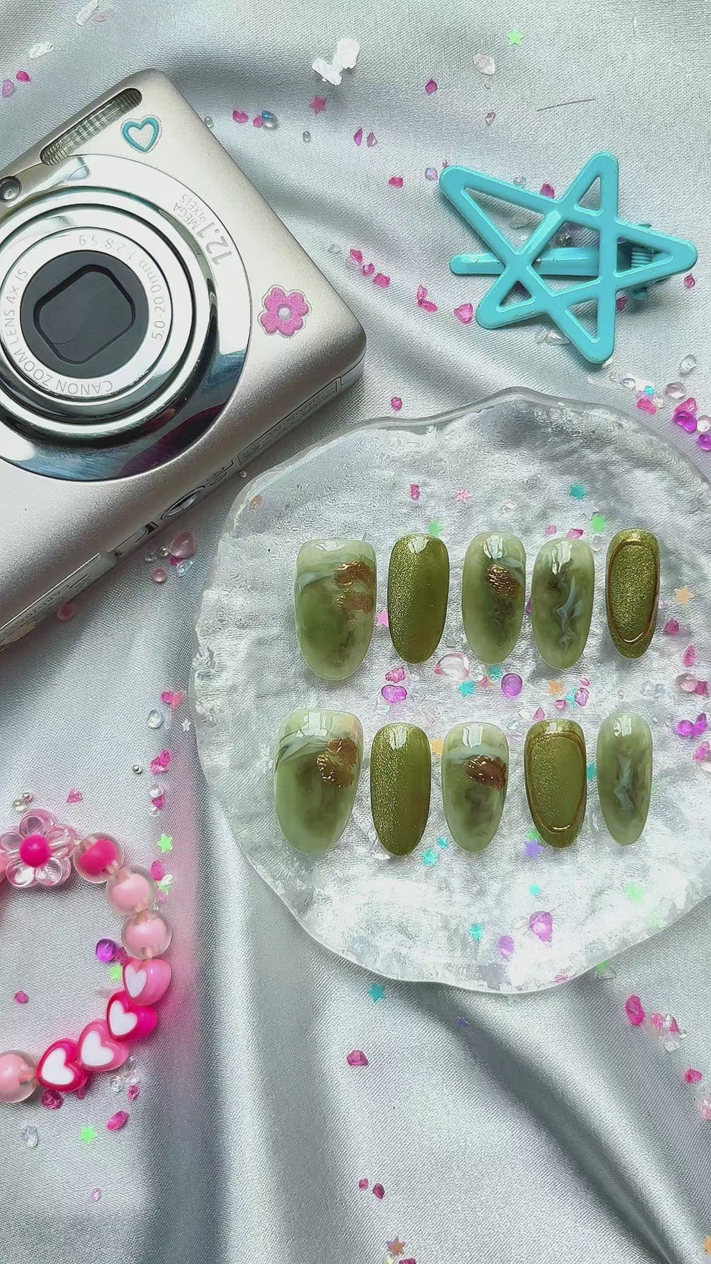 Custom Press-On Nails – Green Marble with Gold Foil Accents | Wynzy Pops Nails