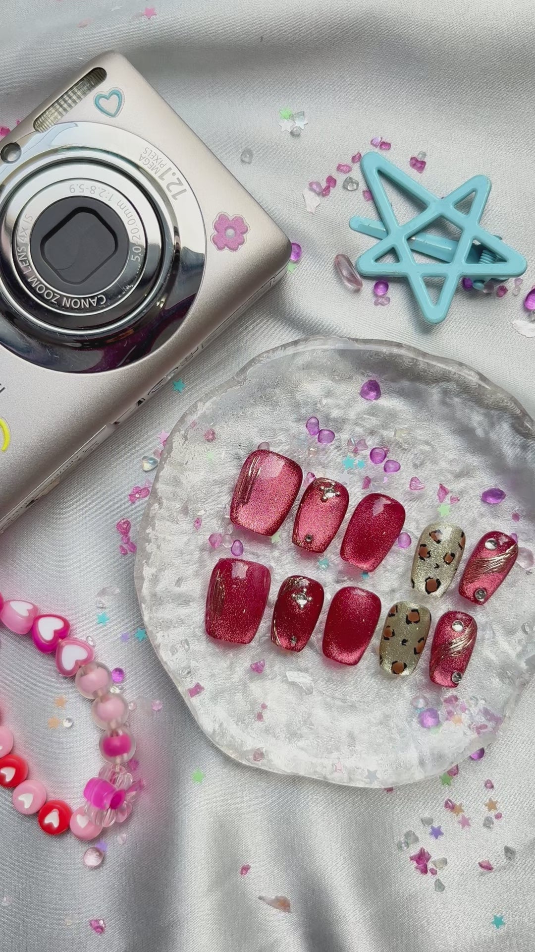 Custom Press-On Nails – Red Glitter with Leopard Print & Rhinestone Accents | Wynzy Pops Nails