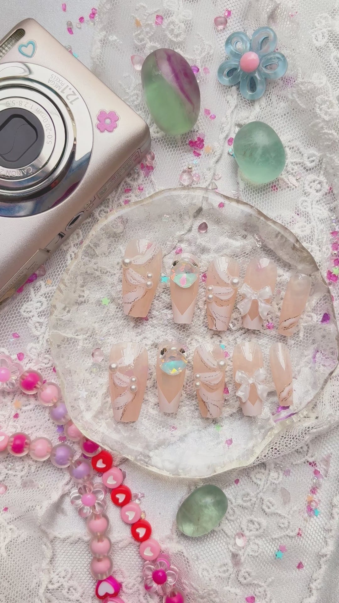 Press-On Nails – Bridal White Swirl with Pearls, Bows & Rhinestones | Elegant Wedding Nail Art | Wynzy Pops Nails