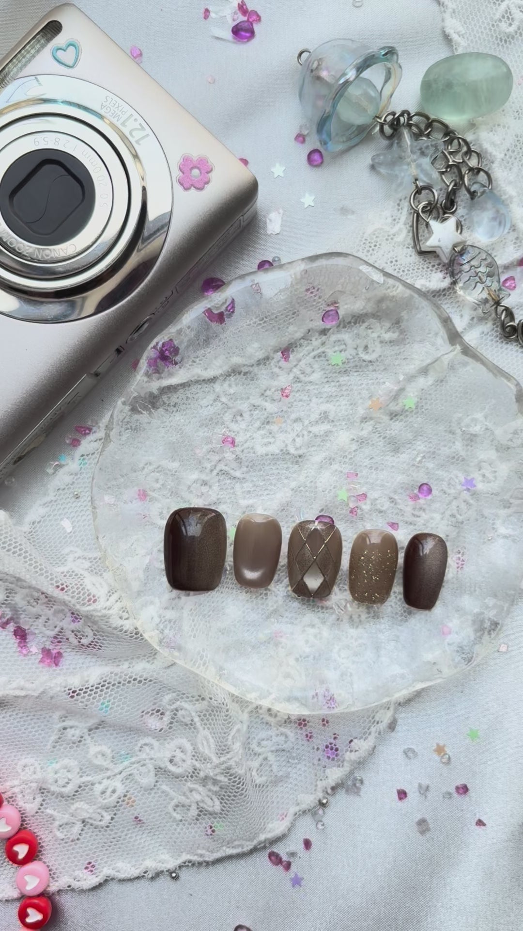 Custom Press-On Nails – Brown Ombre with Nude, Glitter & Lattice Accents | Wynzy Pops Nails