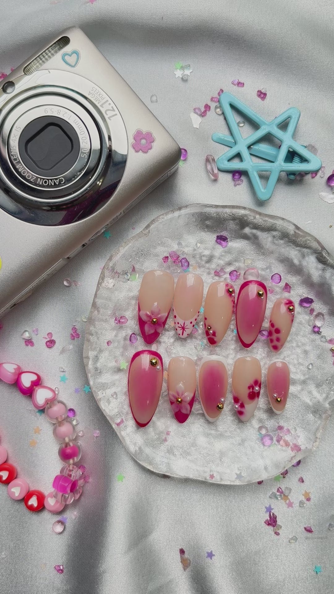 Personalized Pink French Almond Press On Nails | 3D Floral & Dot Accents | Barbiecore Summer Nail Trend 2025 | Cute Girly Manicure