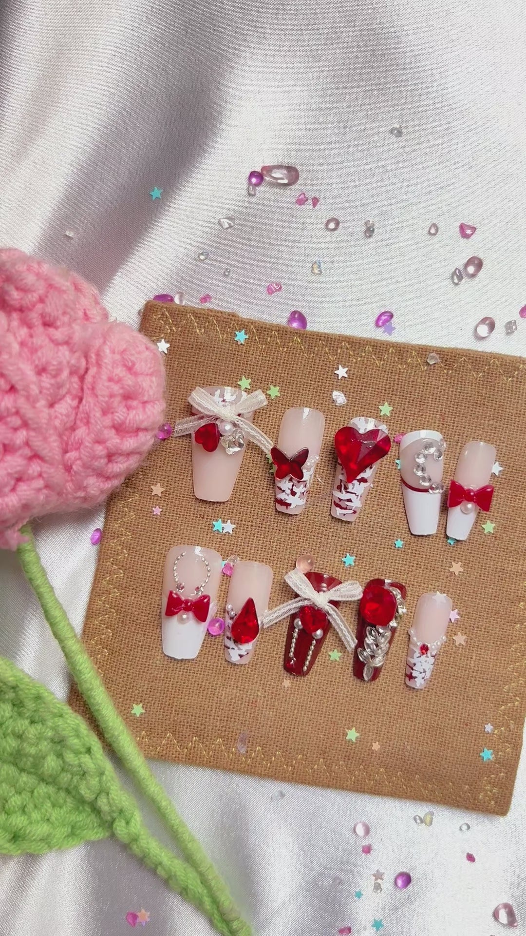 Press-On Nails – Red Bow & Heart Accents with Rhinestones | Cute Glam Long Coffin | Wynzy Pops Nails