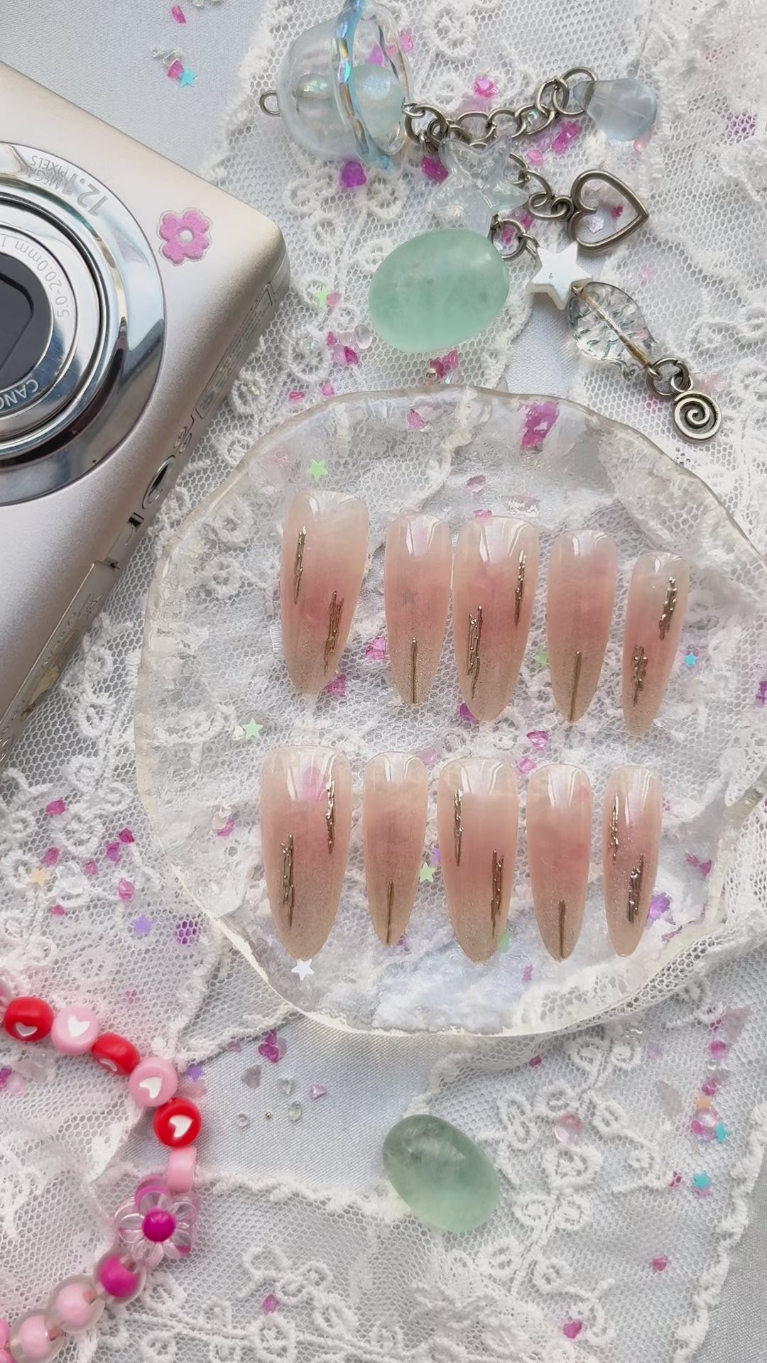 Custom Press-On Nails – Nude Pink Ombré with Gold Foil & Holographic Glow | Wynzy Pops Nails