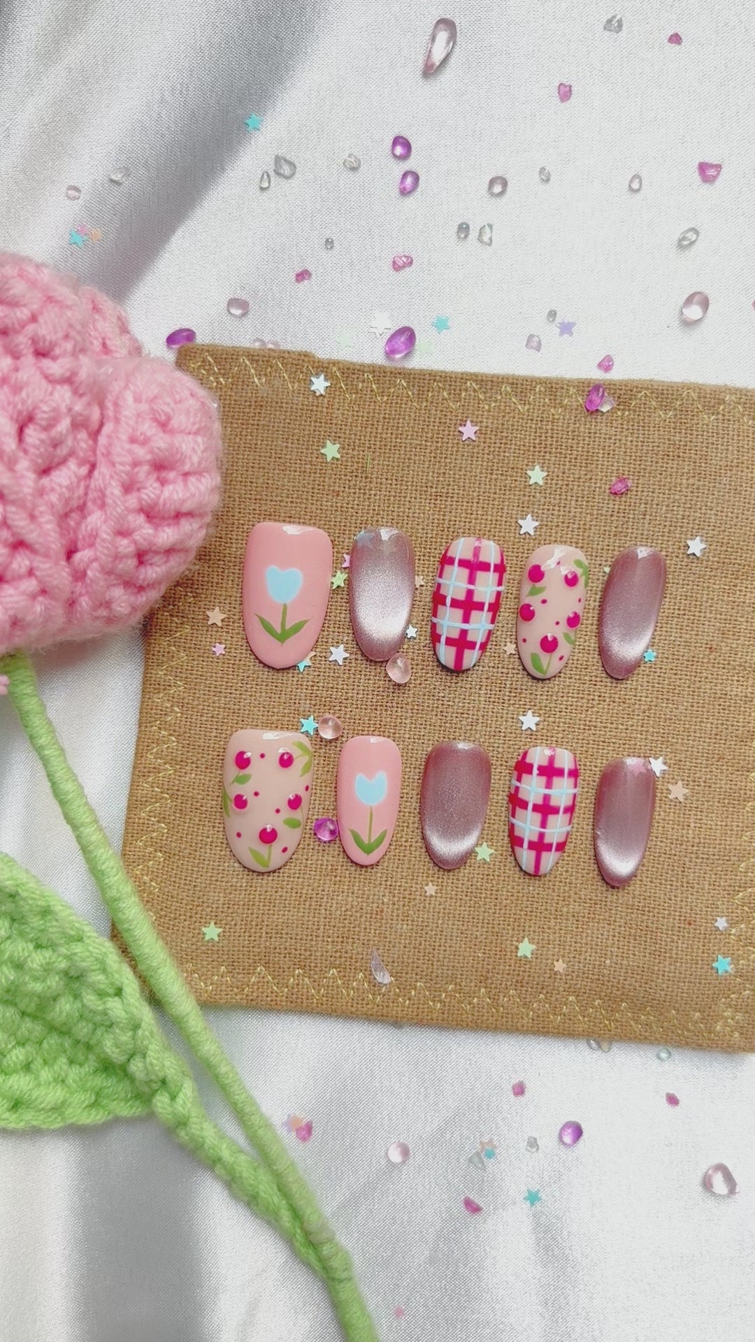 Custom Press-On Nails – Pink & Silver Cat Eye with Floral, Cherry & Plaid Design | Wynzy Pops Nails