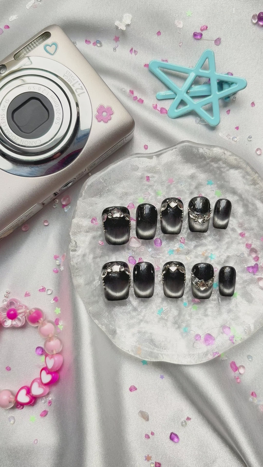 Press-On Nails – Gothic Black Cat Eye with 3D Silver Charms | Custom Dark Nail Art | Wynzy Pops Nails
