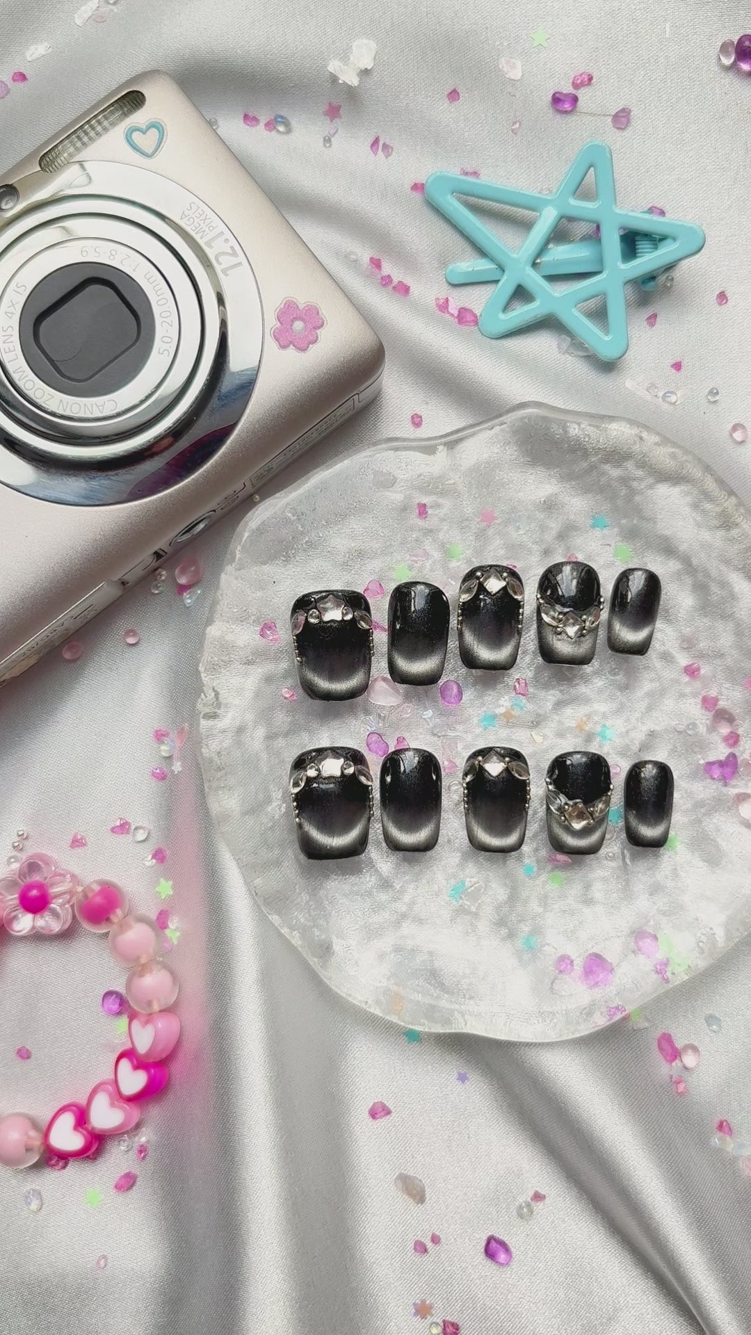 Press-On Nails – Gothic Black Cat Eye with 3D Silver Charms | Custom Dark Nail Art | Wynzy Pops Nails