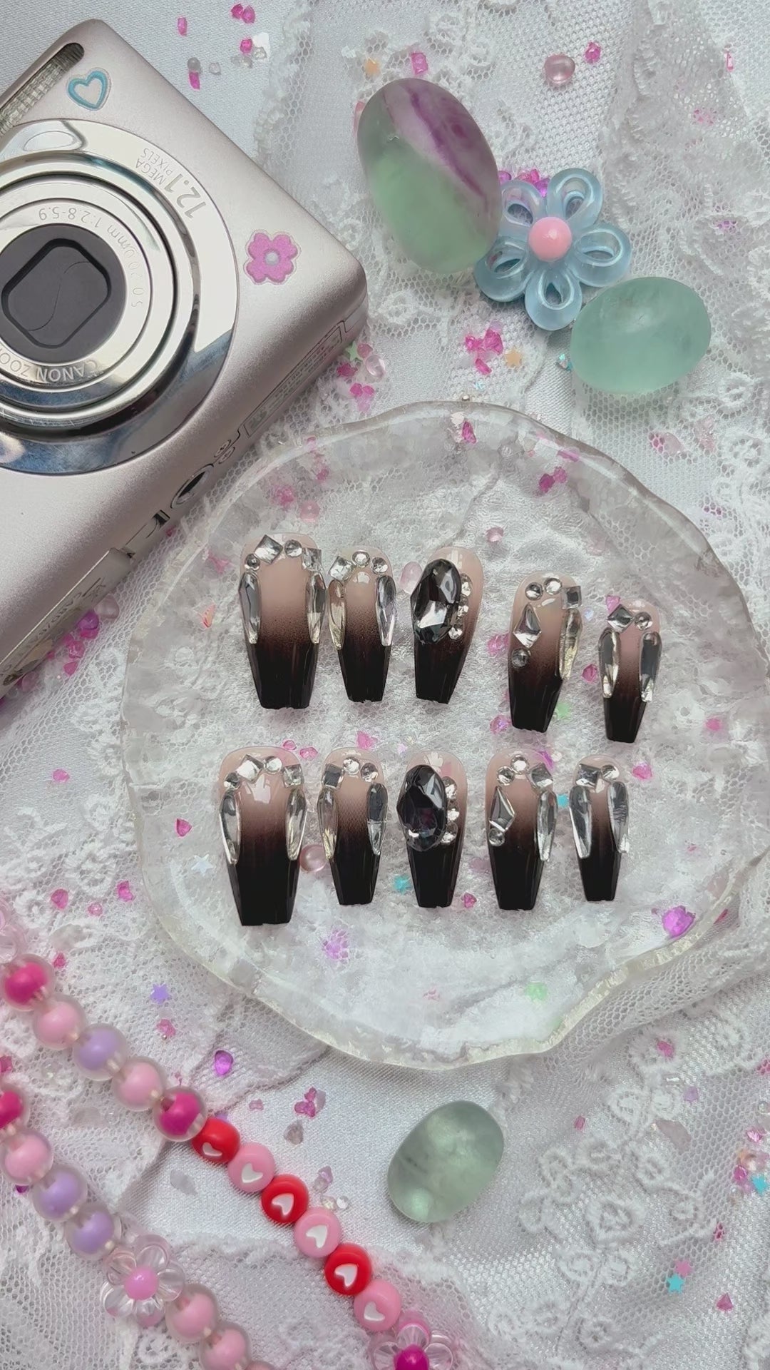 Press-On Nails – Gothic Black Ombre with Crystal Rhinestone Accents | Wynzy Pops Nails