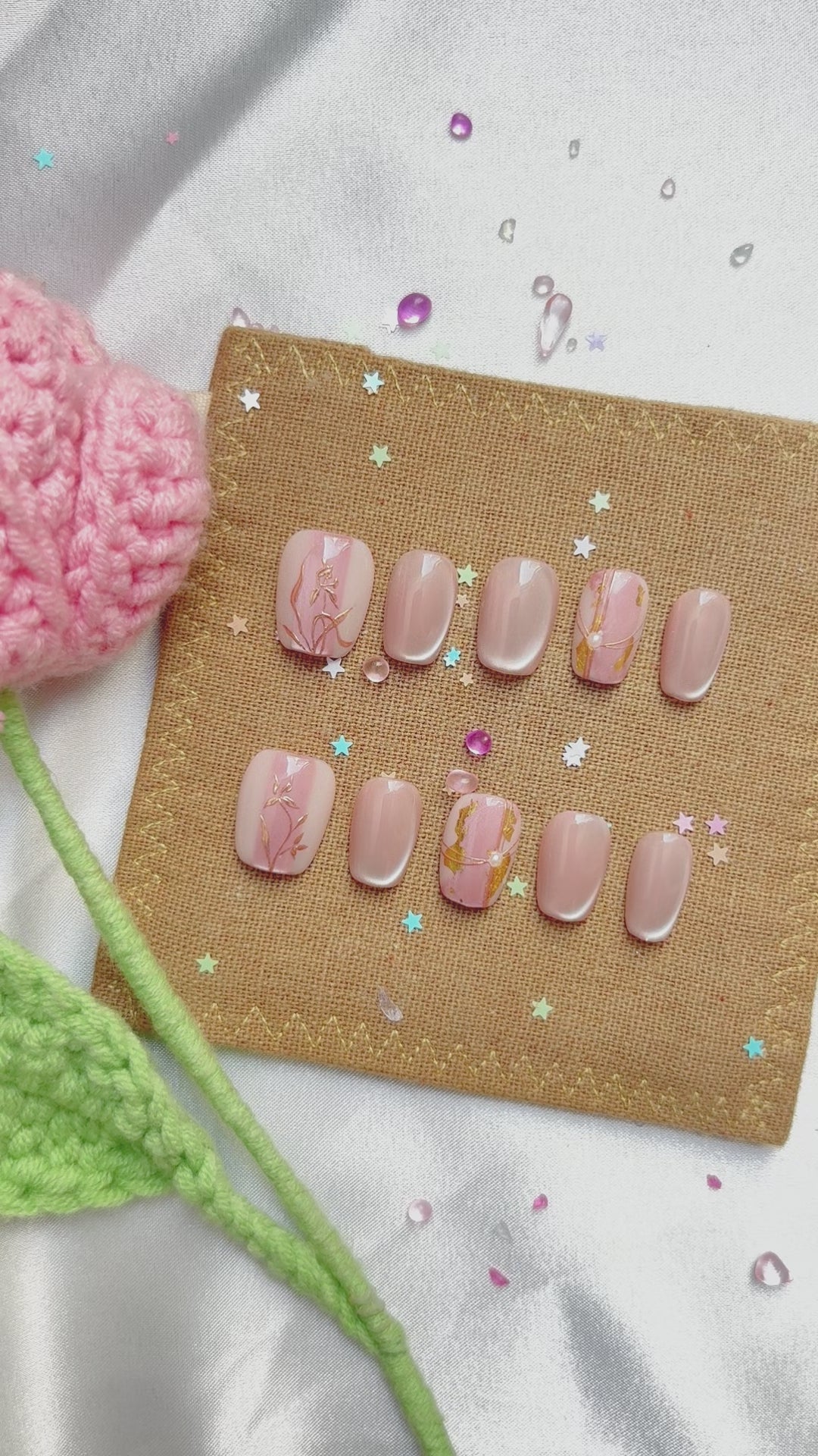 Custom Press-On Nails – Nude & Rose Gold Ombré with Gold Foil Art | Wynzy Pops Nails