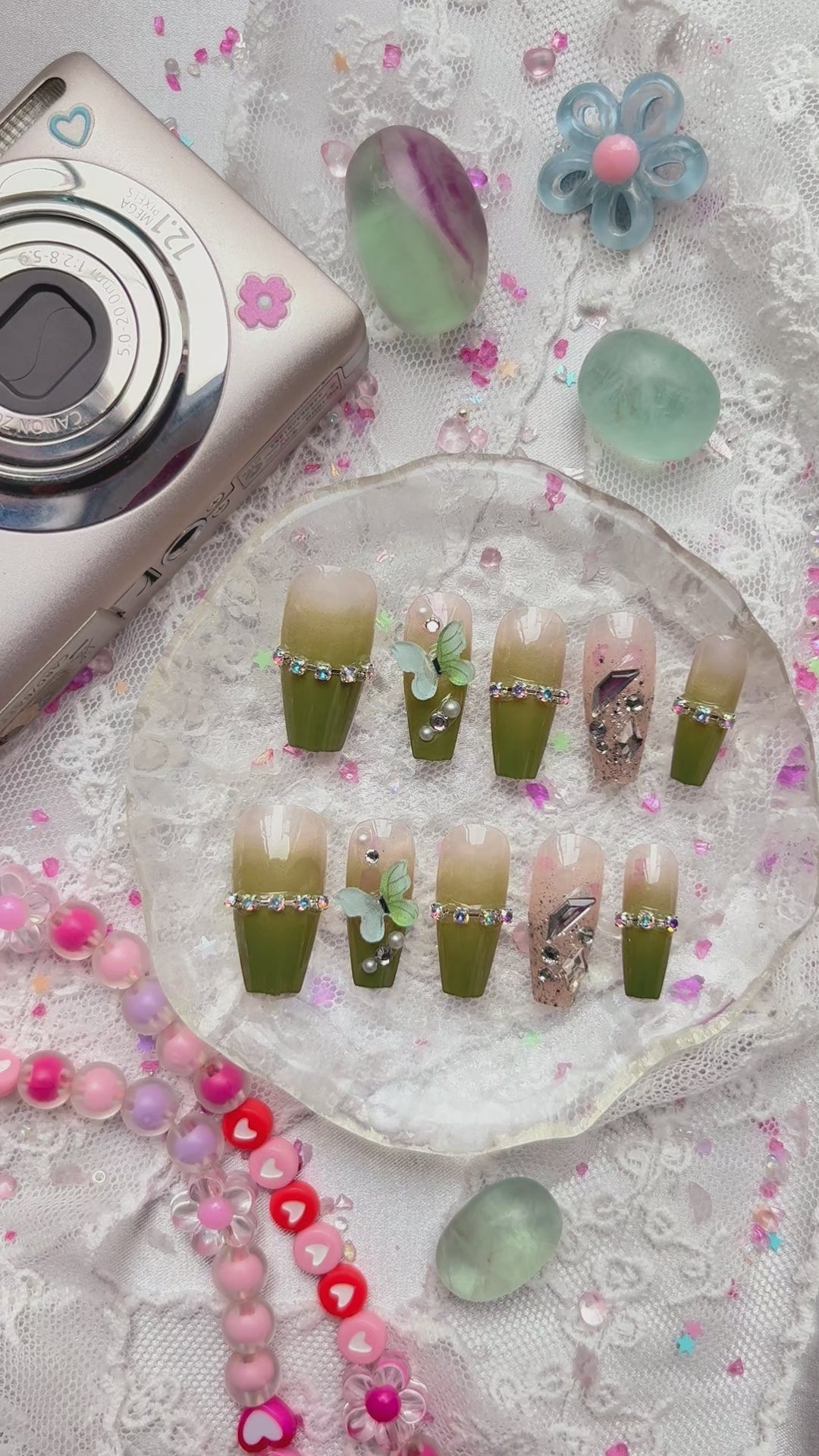 Press-On Nails – Olive Ombré with Rhinestones & 3D Butterfly Accents | Handmade Nature-Inspired Nail Art | Wynzy Pops Nails