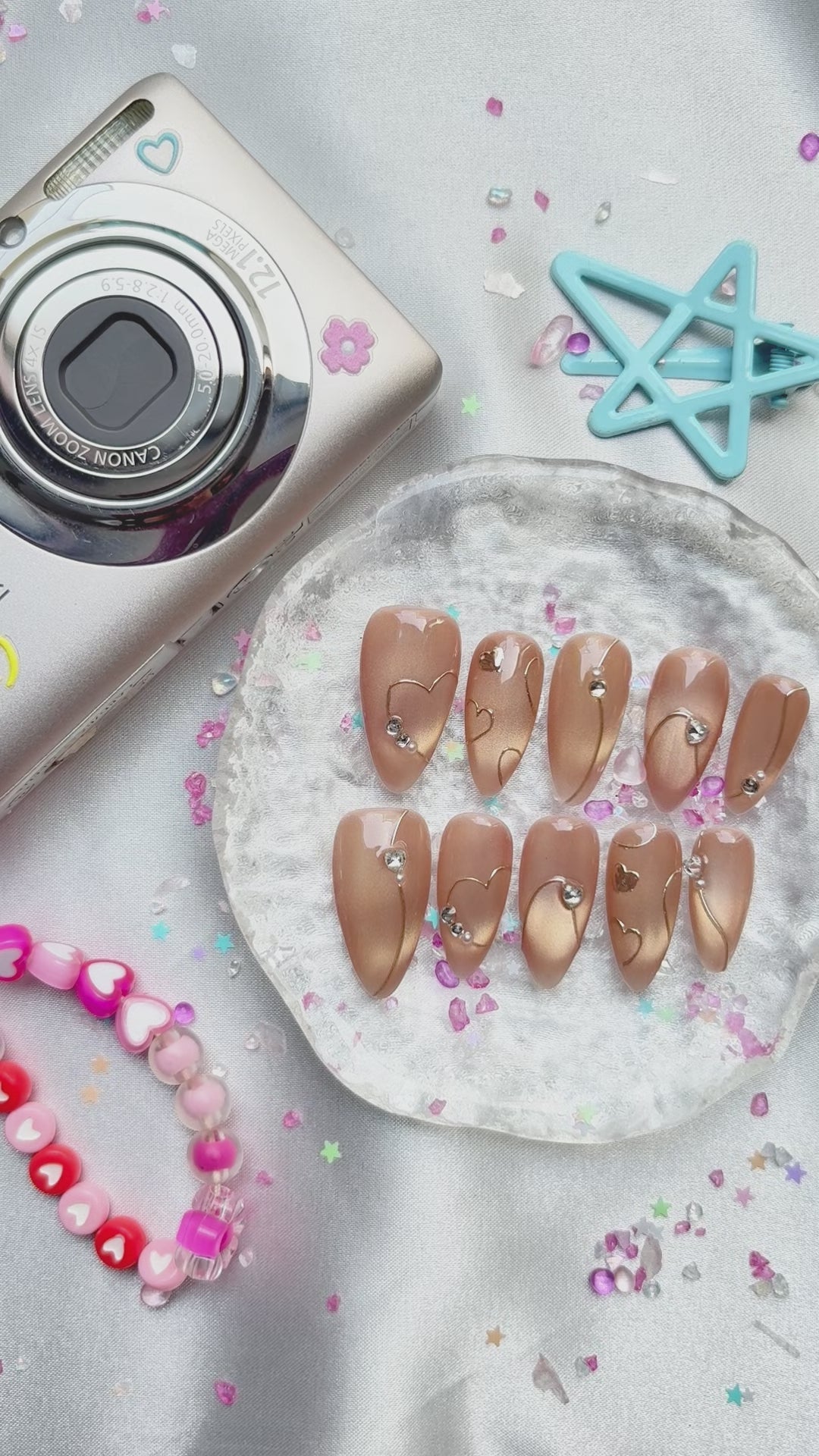 Custom Cat Eye Press On Nails | Bronze Almond Nails with Heart & Rhinestone Accents | Personalize Elegant Romantic Nail Design