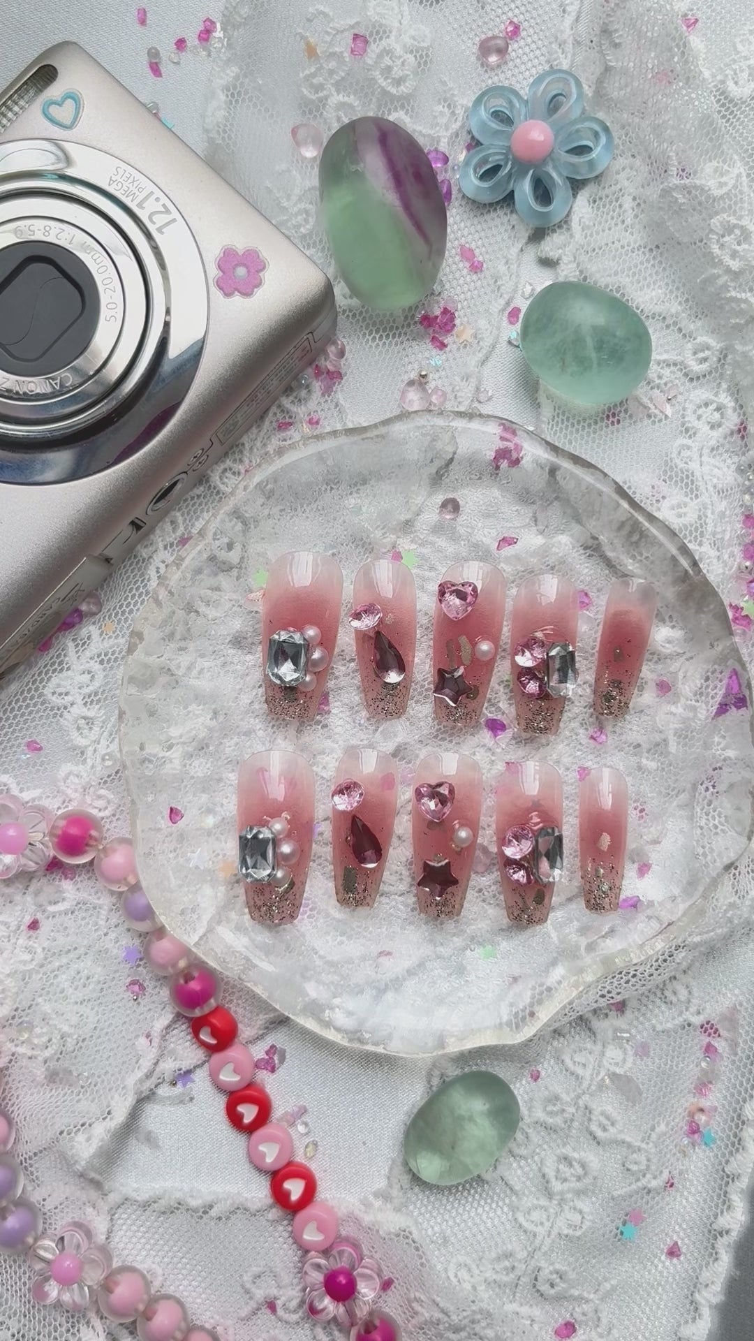 Press-On Nails – Pink Glitter with Clear Tips, Pearl & Rhinestone Charms | Long Coffin Glam | Wynzy Pops Nails