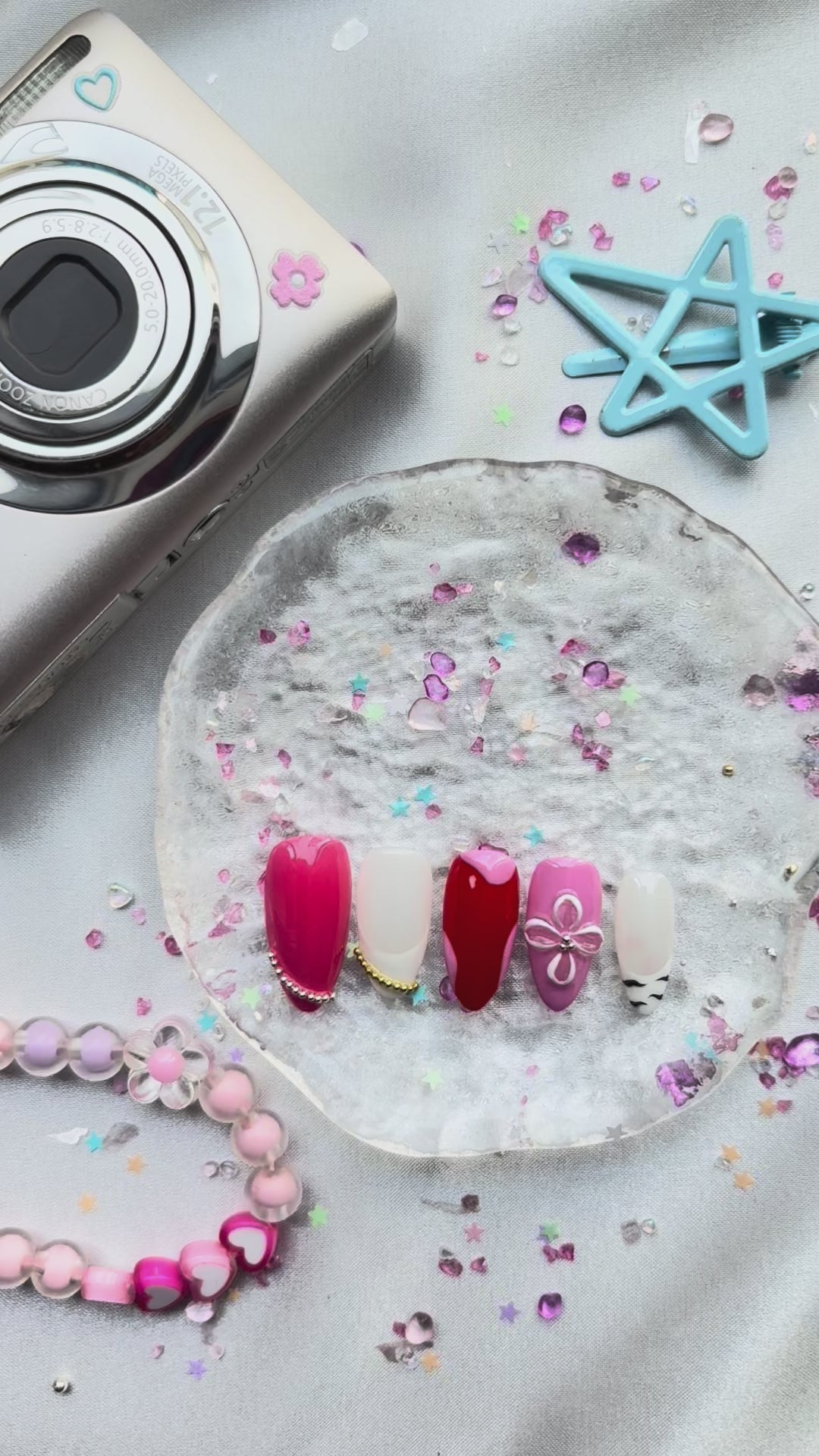 Custom Press-On Nails – Red & Pink with Pearl Charms & Floral Accents | Wynzy Pops Nails