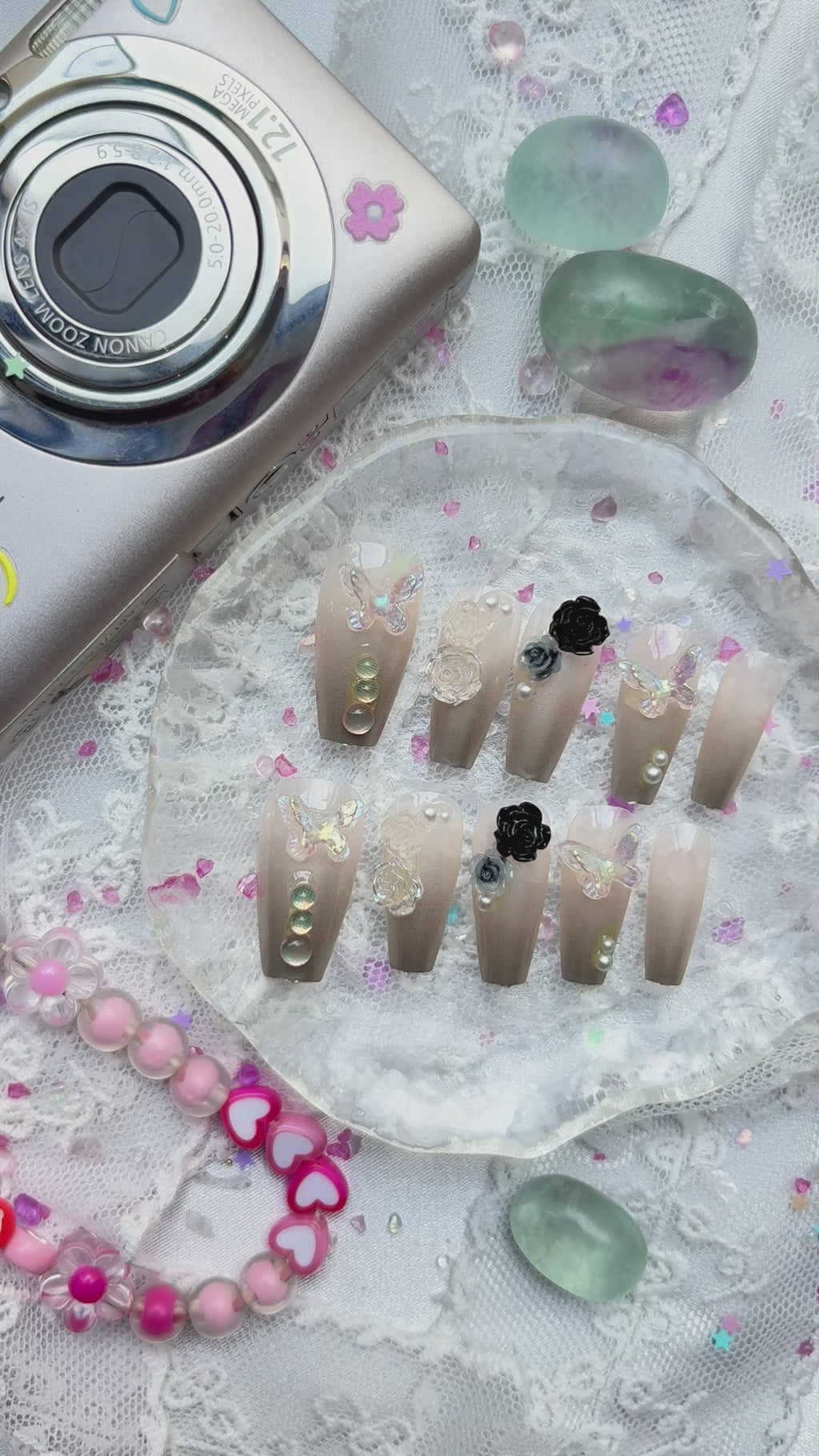 Pearl Chrome Press On Nails | 3D Rose & Butterfly Charms | Opal Gem Accents | Romantic Nail Trend 2025 | Long Coffin Shape